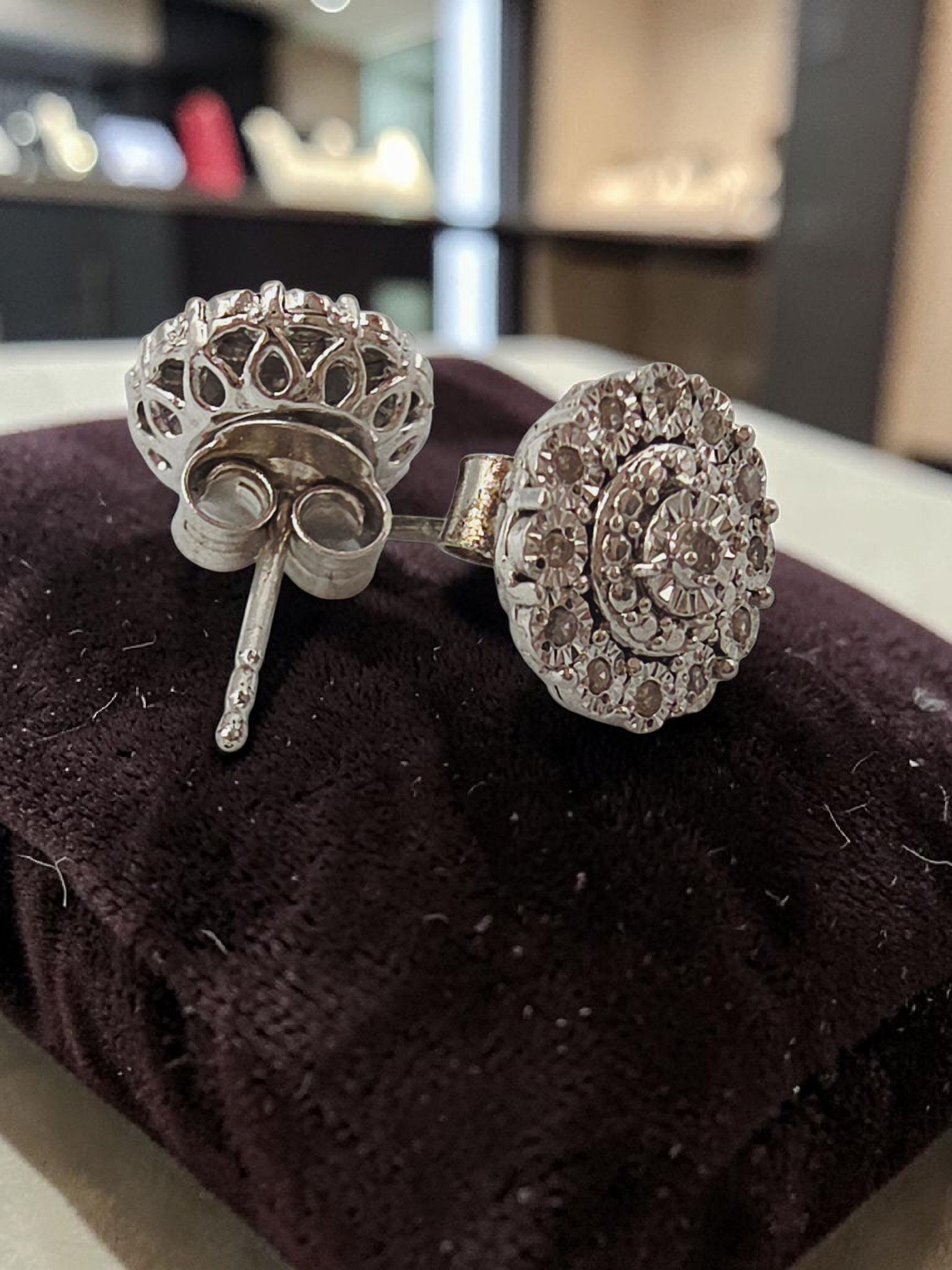 Solid 925 Sterling Silver Bridge Diamond Cluster Stud Earrings - 1/10 CTW