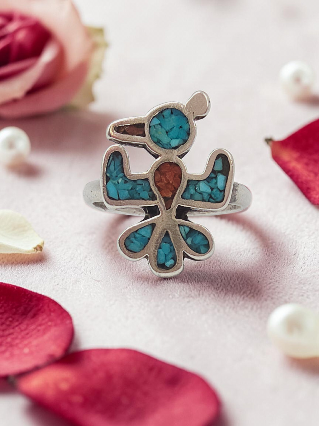 Southwestern Sterling Silver Turquoise & Coral Inlay Thunderbird Ring Size 7.75