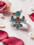 Southwestern Sterling Silver Turquoise & Coral Inlay Thunderbird Ring Size 7.75