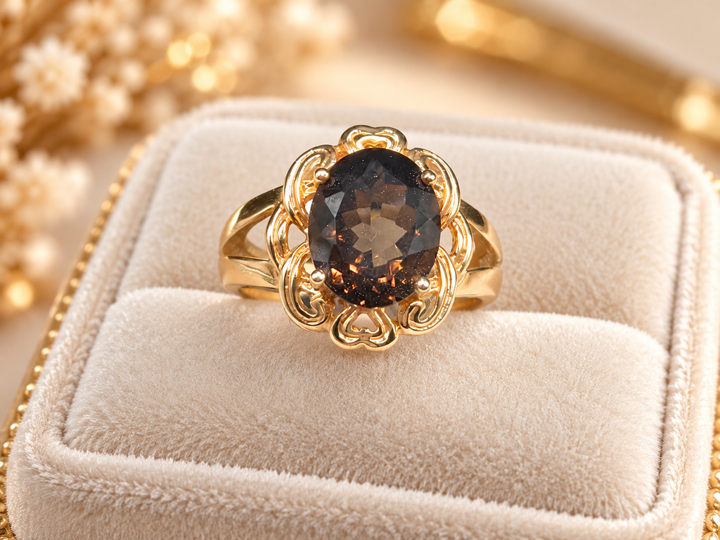 Sterling Silver 10K Gold Vermeil Ring with Large Oval Faceted Smoky Quartz in Scrolled Openwork Frame Size 7