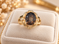 Sterling Silver 10K Gold Vermeil Ring with Large Oval Faceted Smoky Quartz in Scrolled Openwork Frame Size 7