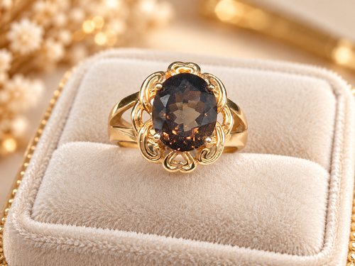 Sterling Silver 10K Gold Vermeil Ring with Large Oval Faceted Smoky Quartz in Scrolled Openwork Frame Size 7