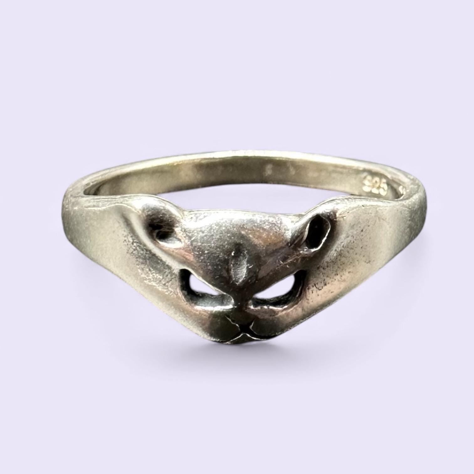 Sterling Silver 925 Cat Face Ring Sculpted Feline Band Size 7.75