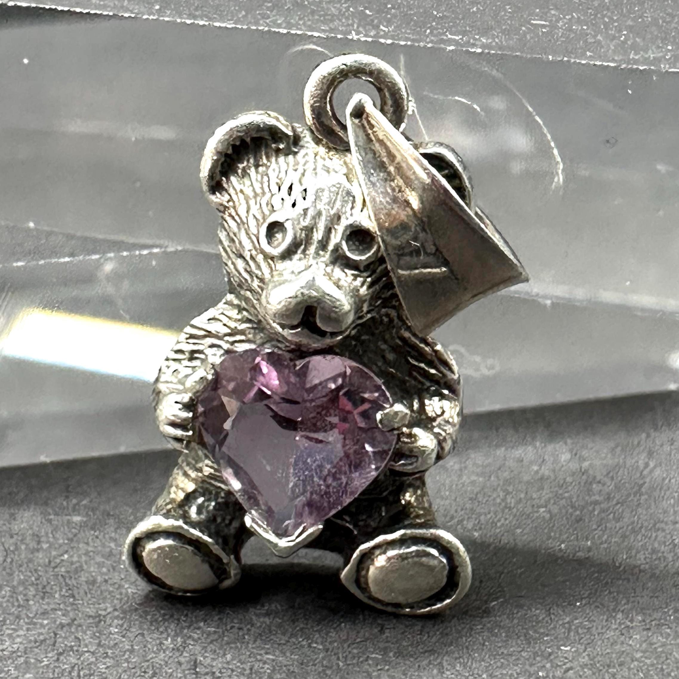Sterling Silver 925 and Purple CZ Heart Bear Necklace Pendant