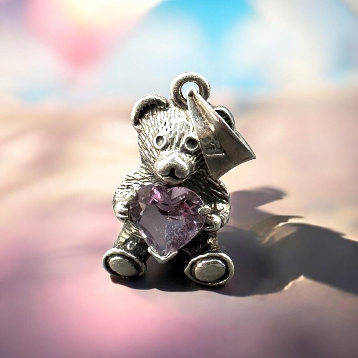 Sterling Silver 925 and Purple CZ Heart Bear Necklace Pendant