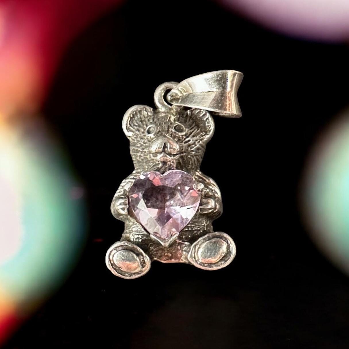 Sterling Silver 925 and Purple CZ Heart Bear Necklace Pendant