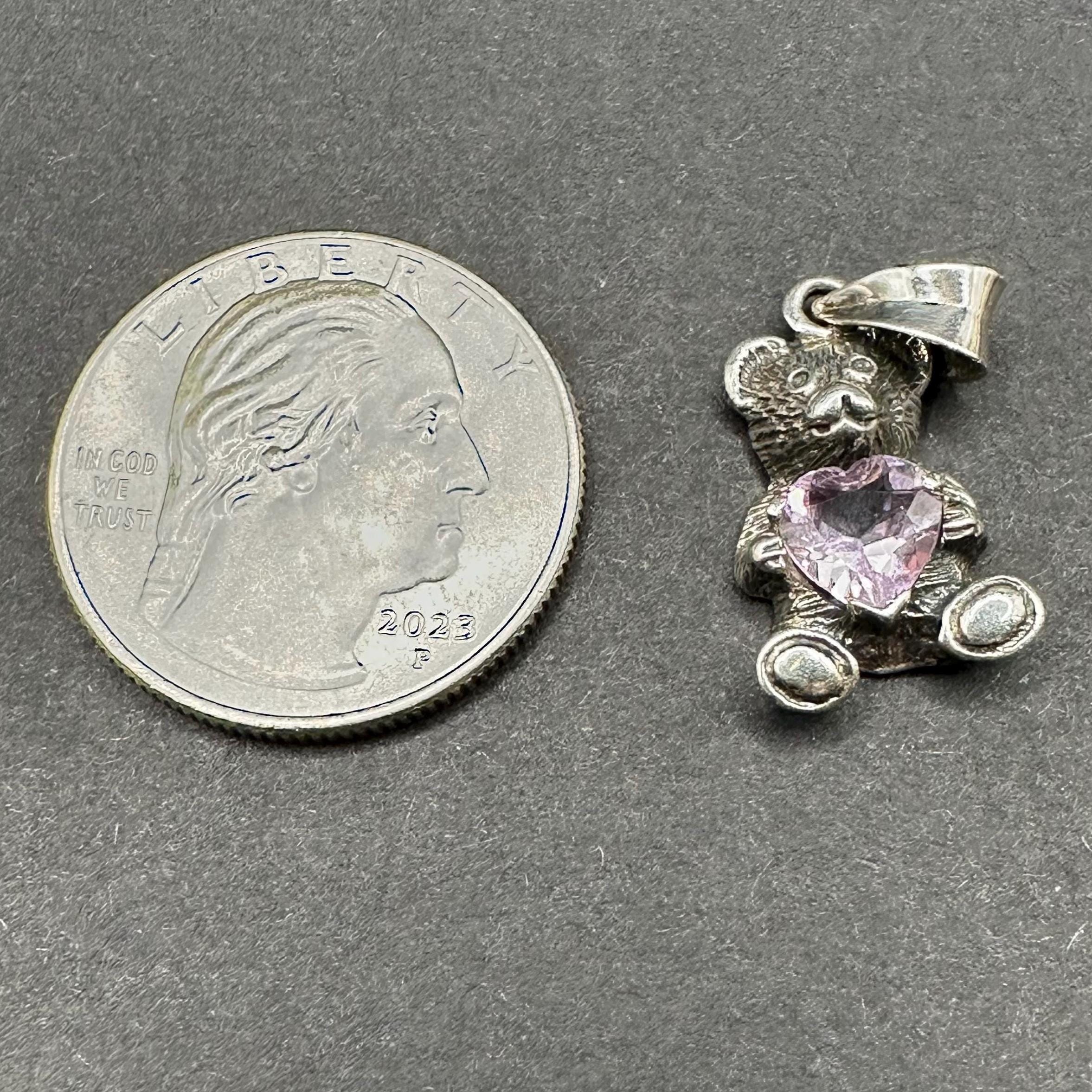 Sterling Silver 925 and Purple CZ Heart Bear Necklace Pendant