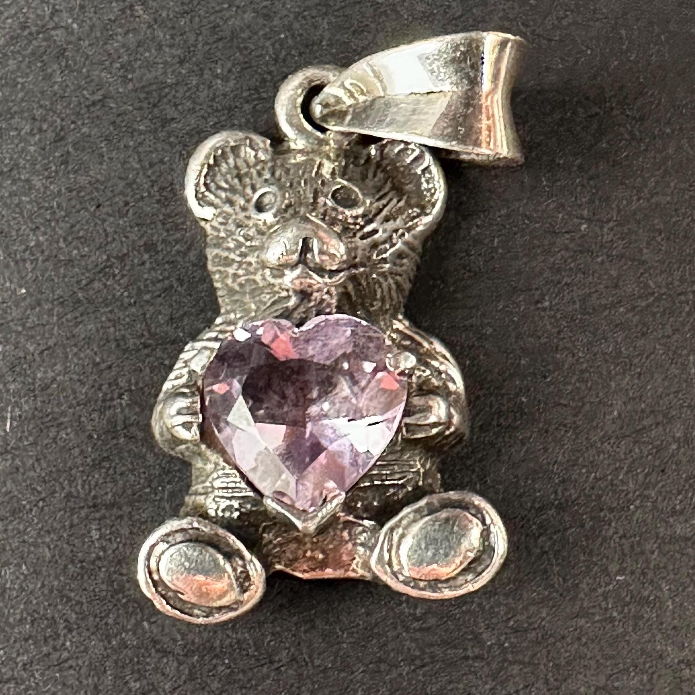 Sterling Silver 925 and Purple CZ Heart Bear Necklace Pendant