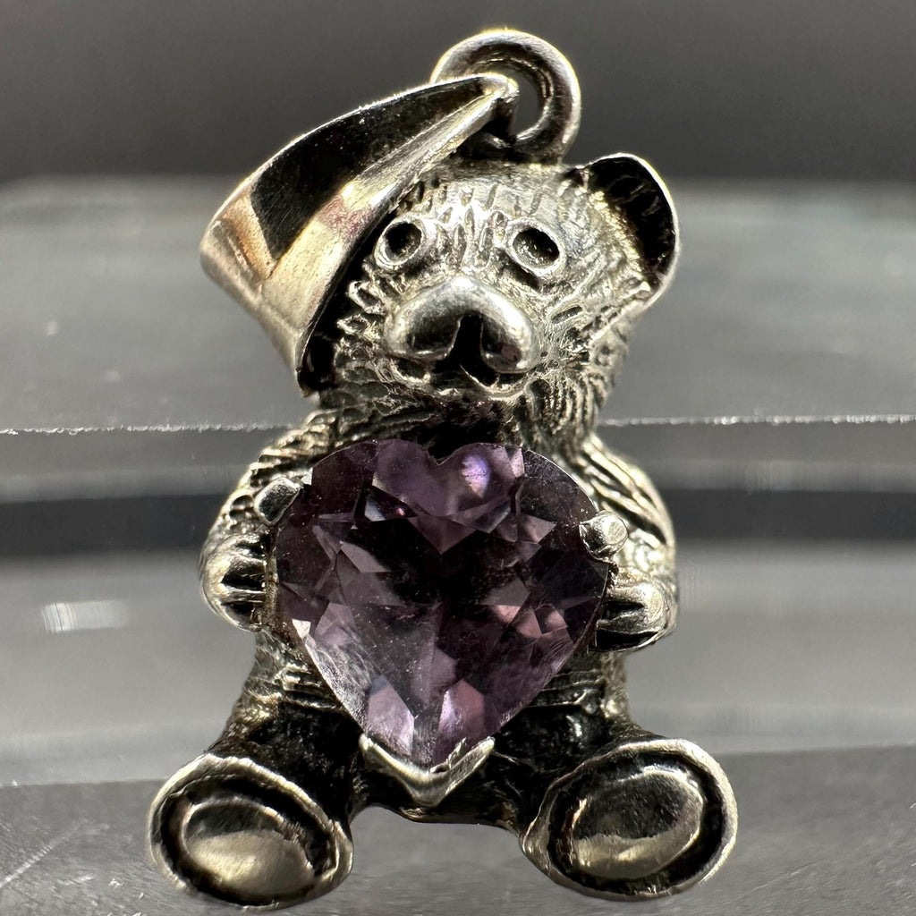 Sterling Silver 925 and Purple CZ Heart Bear Necklace Pendant