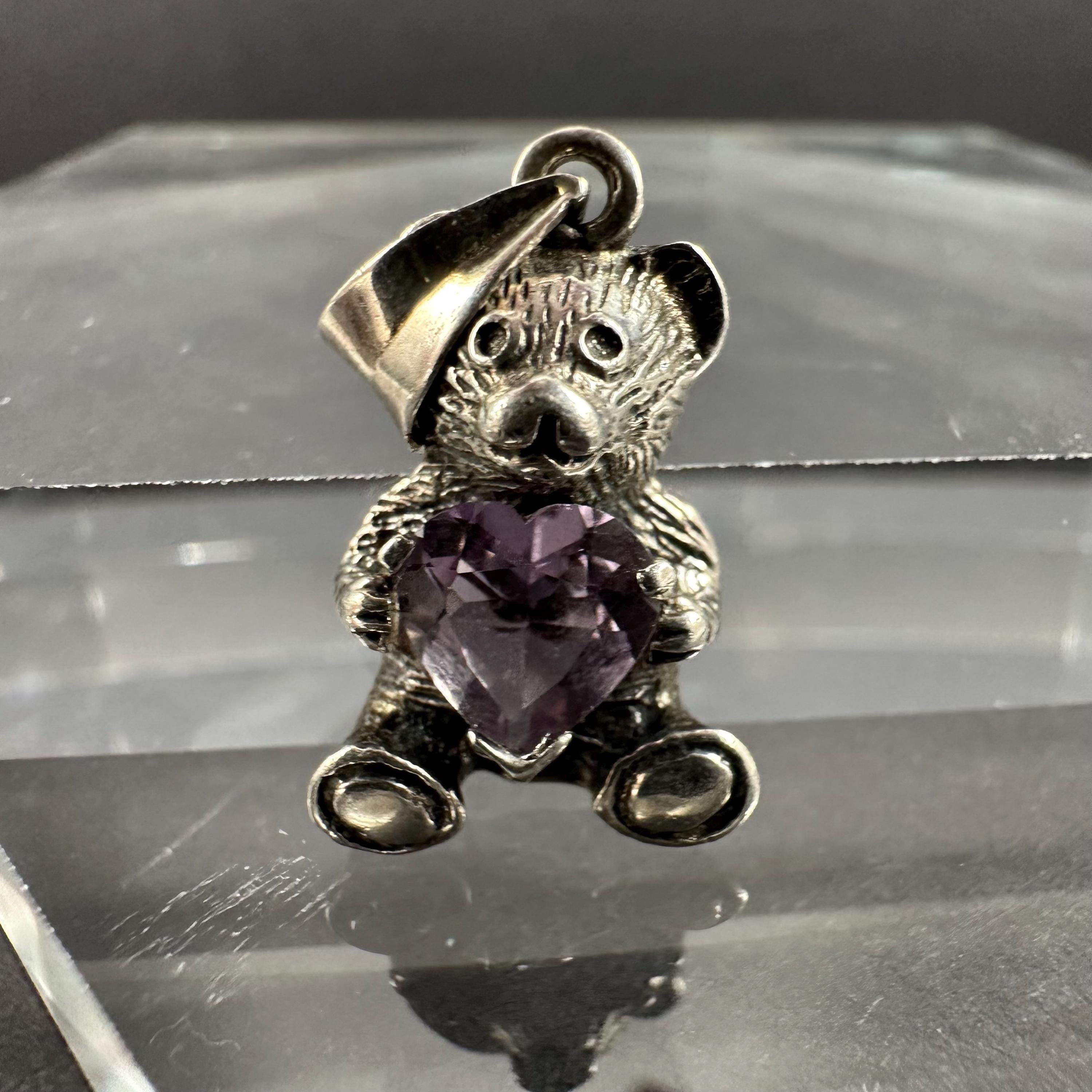 Sterling Silver 925 and Purple CZ Heart Bear Necklace Pendant