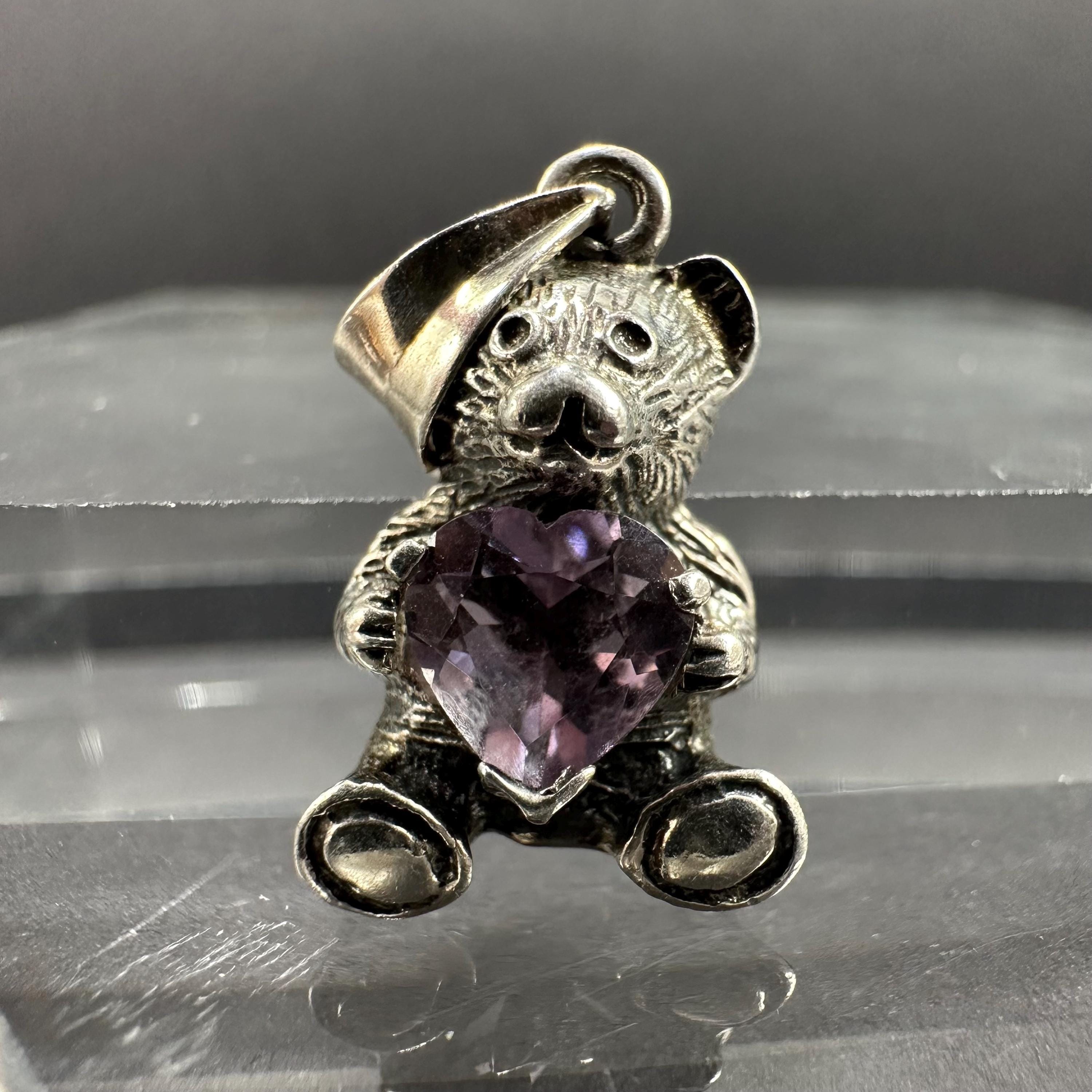 Sterling Silver 925 and Purple CZ Heart Bear Necklace Pendant