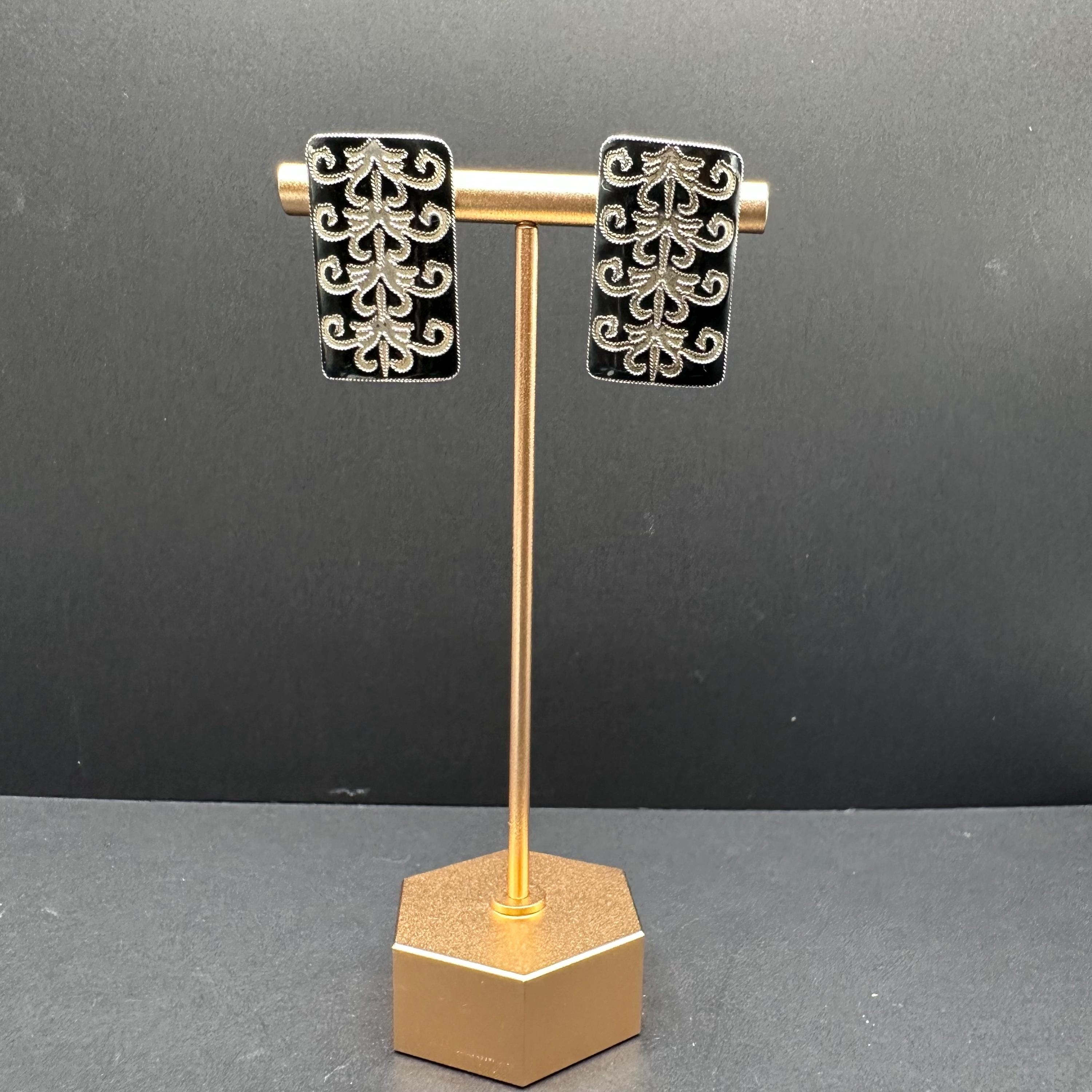 Sterling Silver Black With Scroll Pattern Earrings