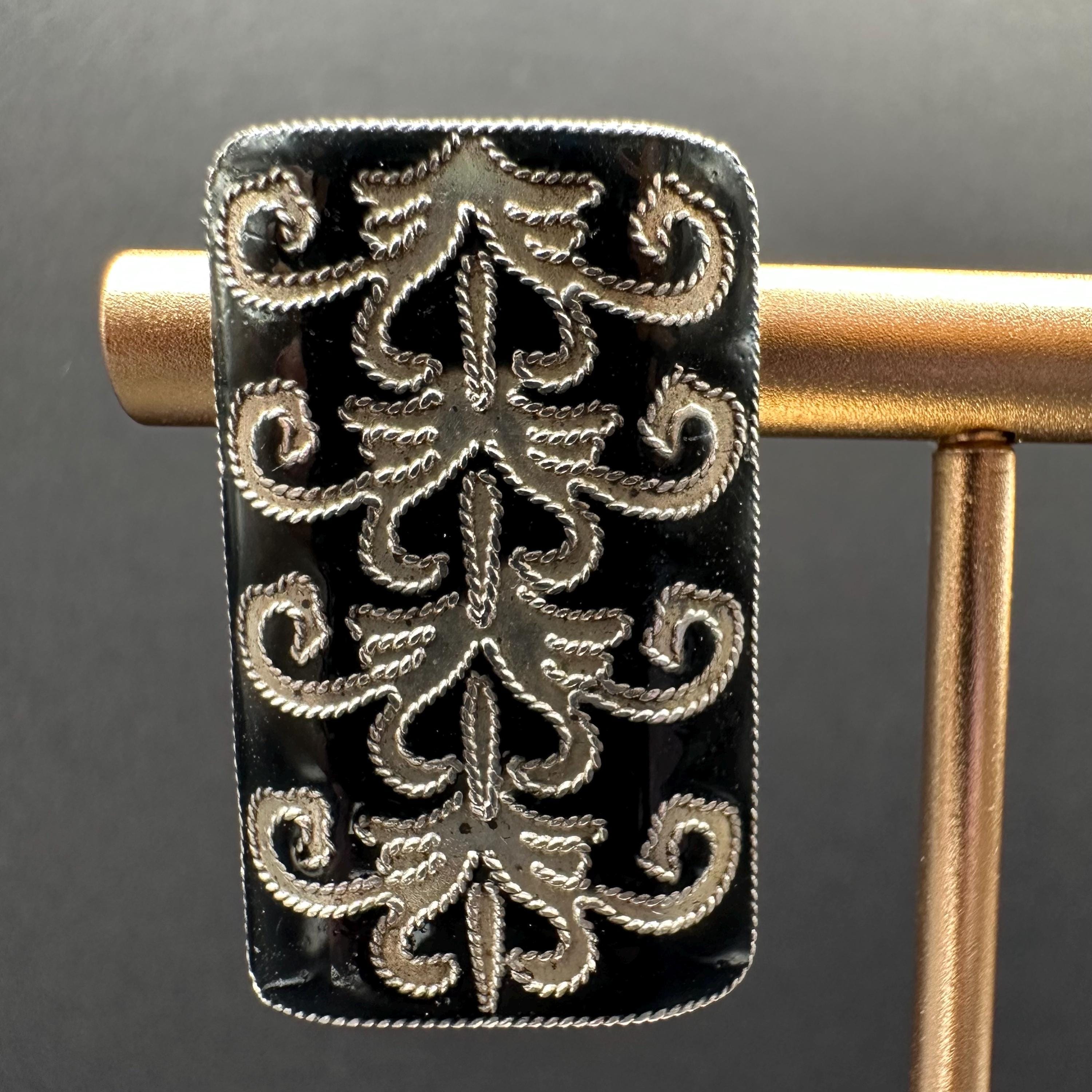 Sterling Silver Black With Scroll Pattern Earrings