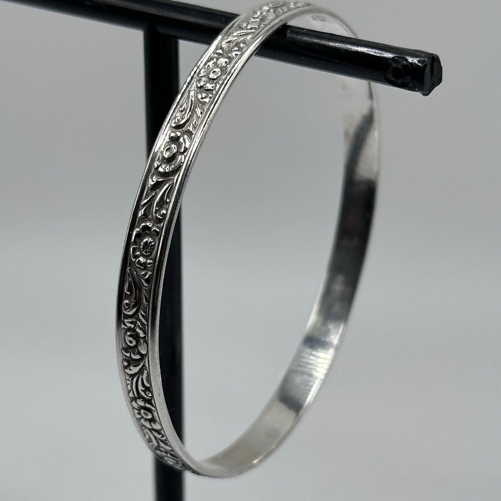 Sterling Silver Embossed Floral Repousse Bangle Bracelet 8.25 Inch