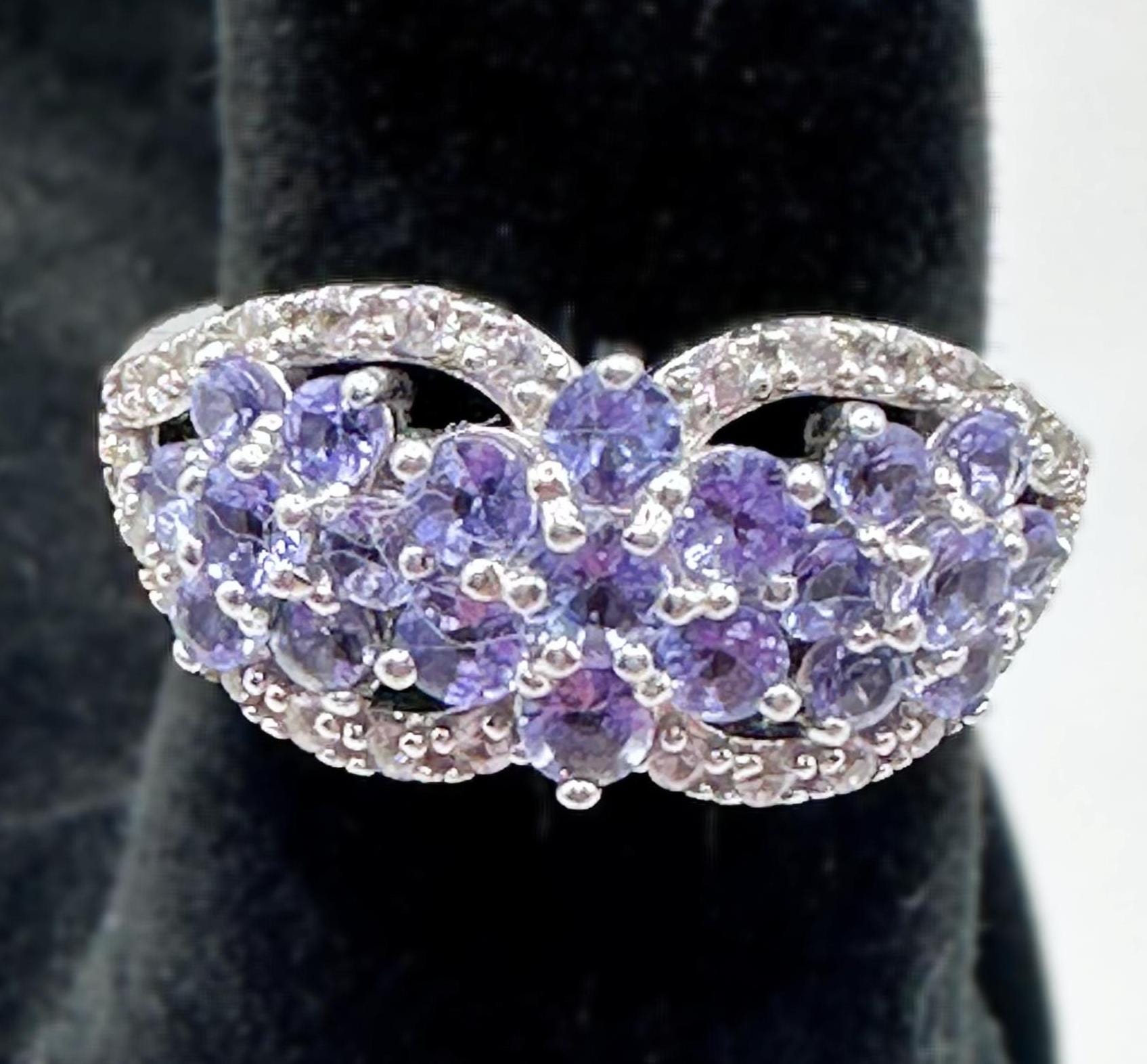 Sterling Silver Multi Stone Purple Floral Ring Size