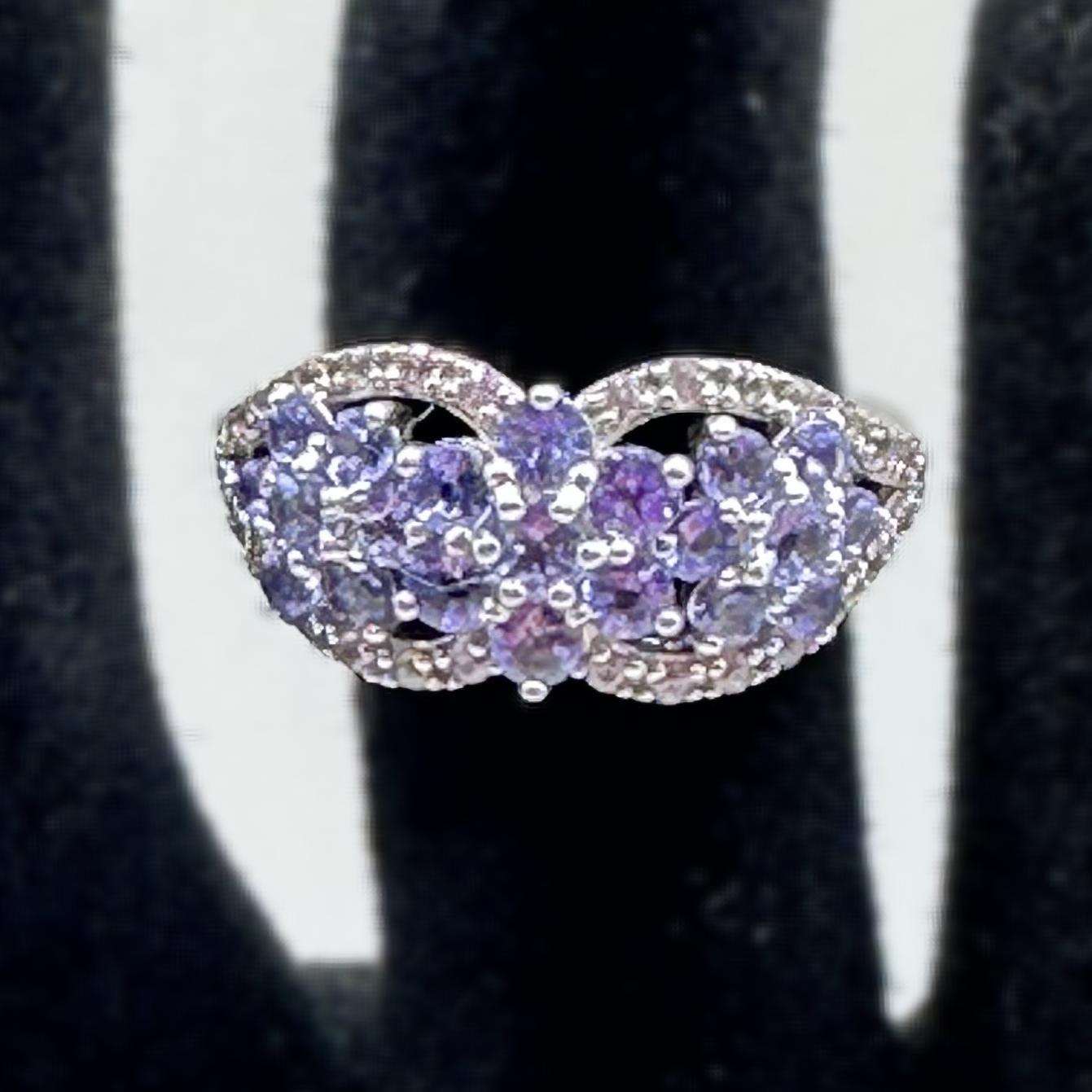 Sterling Silver Multi Stone Purple Floral Ring Size