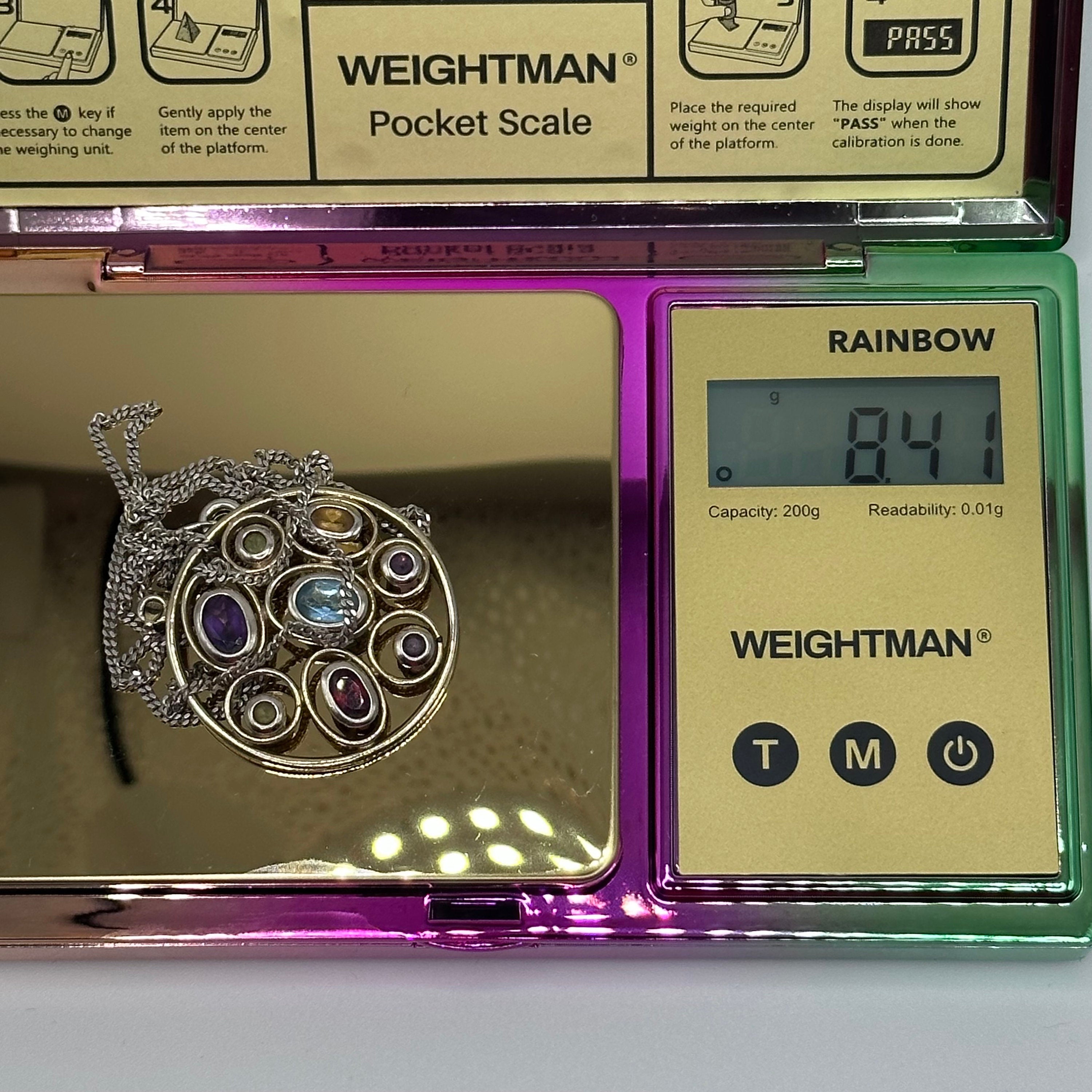 Sterling Silver Necklace with Assortment of Gemstones 18 inches in length