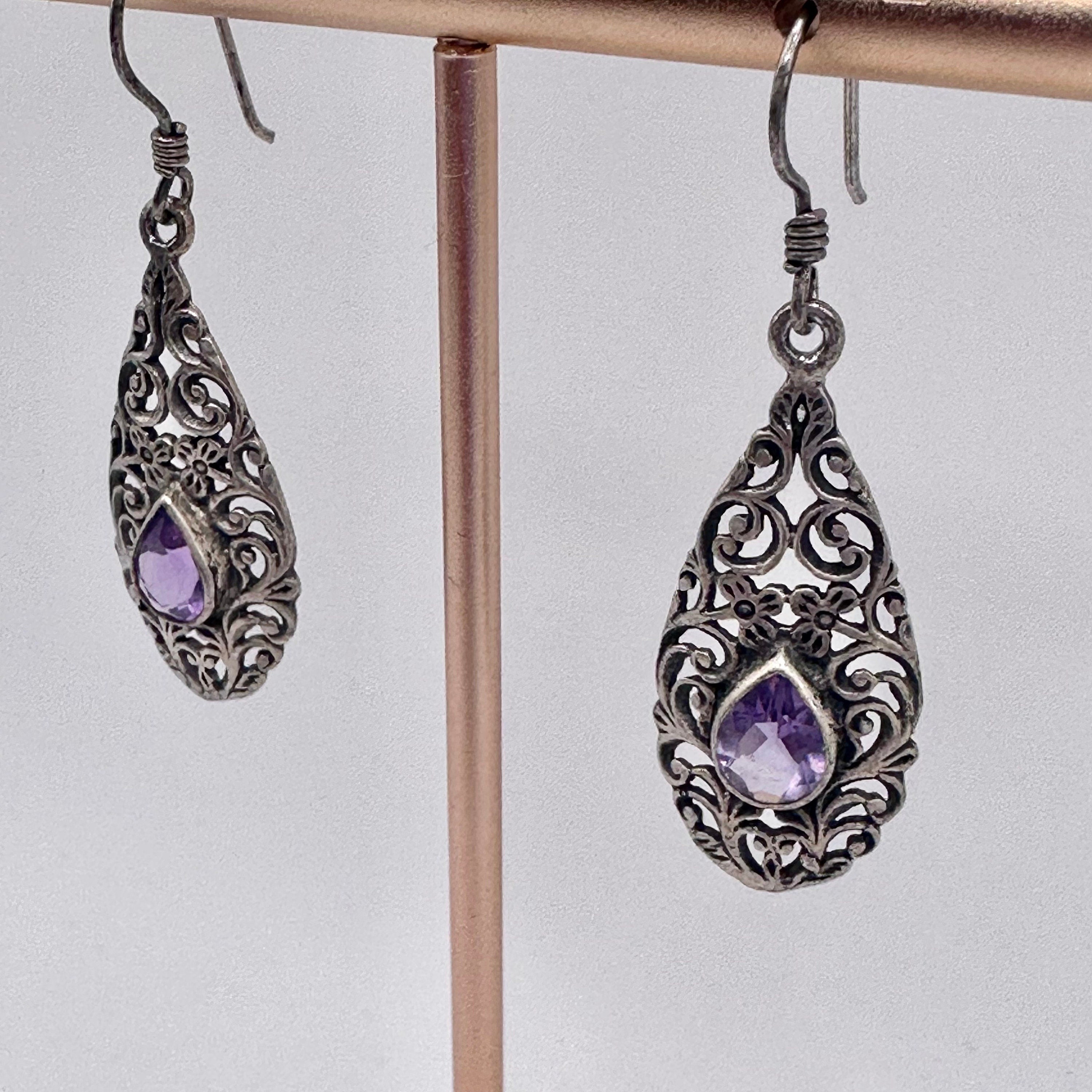 Sterling Silver Purple Gem Drop Earrings