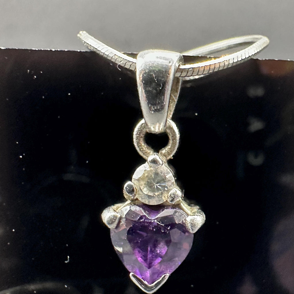 Sterling Silver Purple Gem Heart Pendant with White Gem Accent 16.5 Inch Length