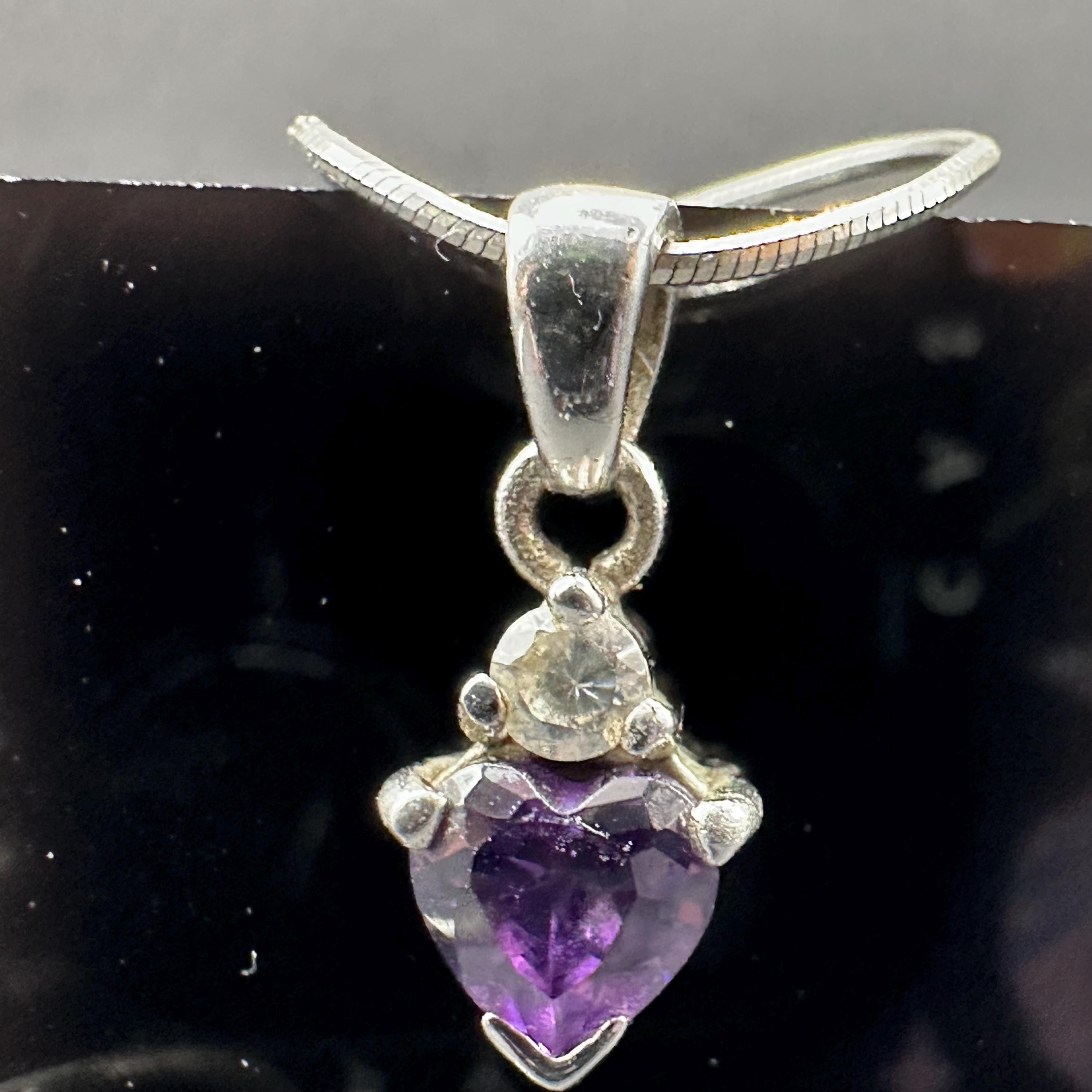 Sterling Silver Purple Gem Heart Pendant with White Gem Accent 16.5 Inch Length