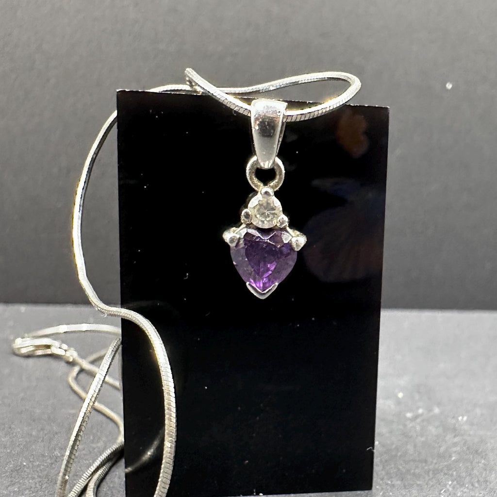 Sterling Silver Purple Gem Heart Pendant with White Gem Accent 16.5 Inch Length