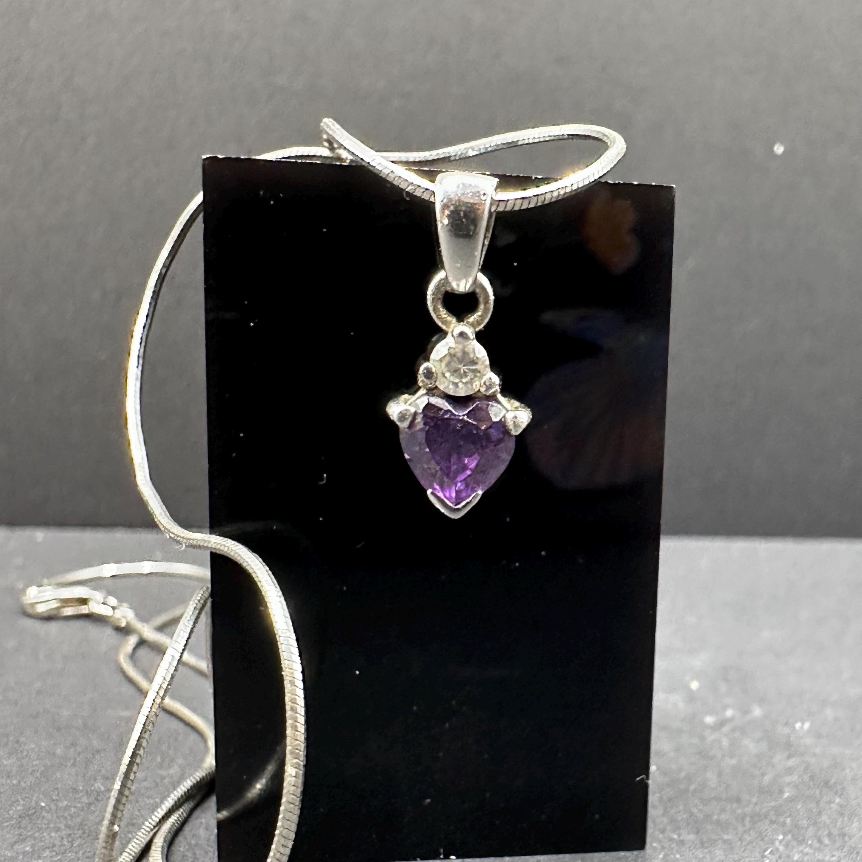 Sterling Silver Purple Gem Heart Pendant with White Gem Accent 16.5 Inch Length