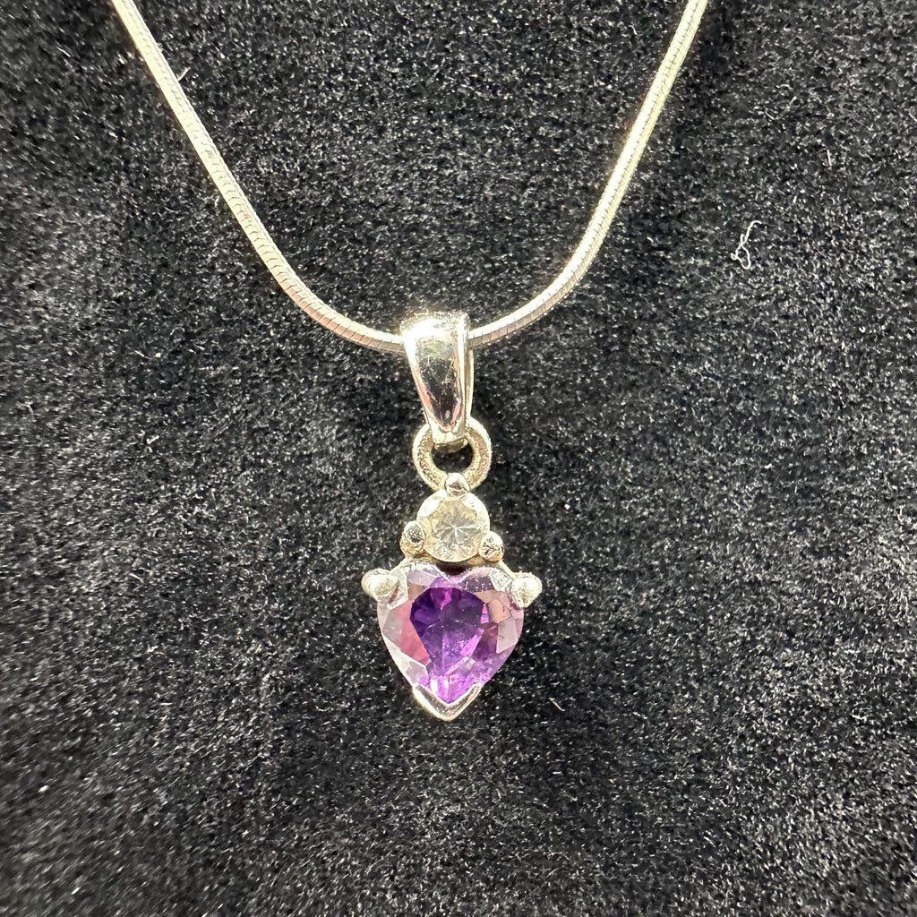 Sterling Silver Purple Gem Heart Pendant with White Gem Accent 16.5 Inch Length