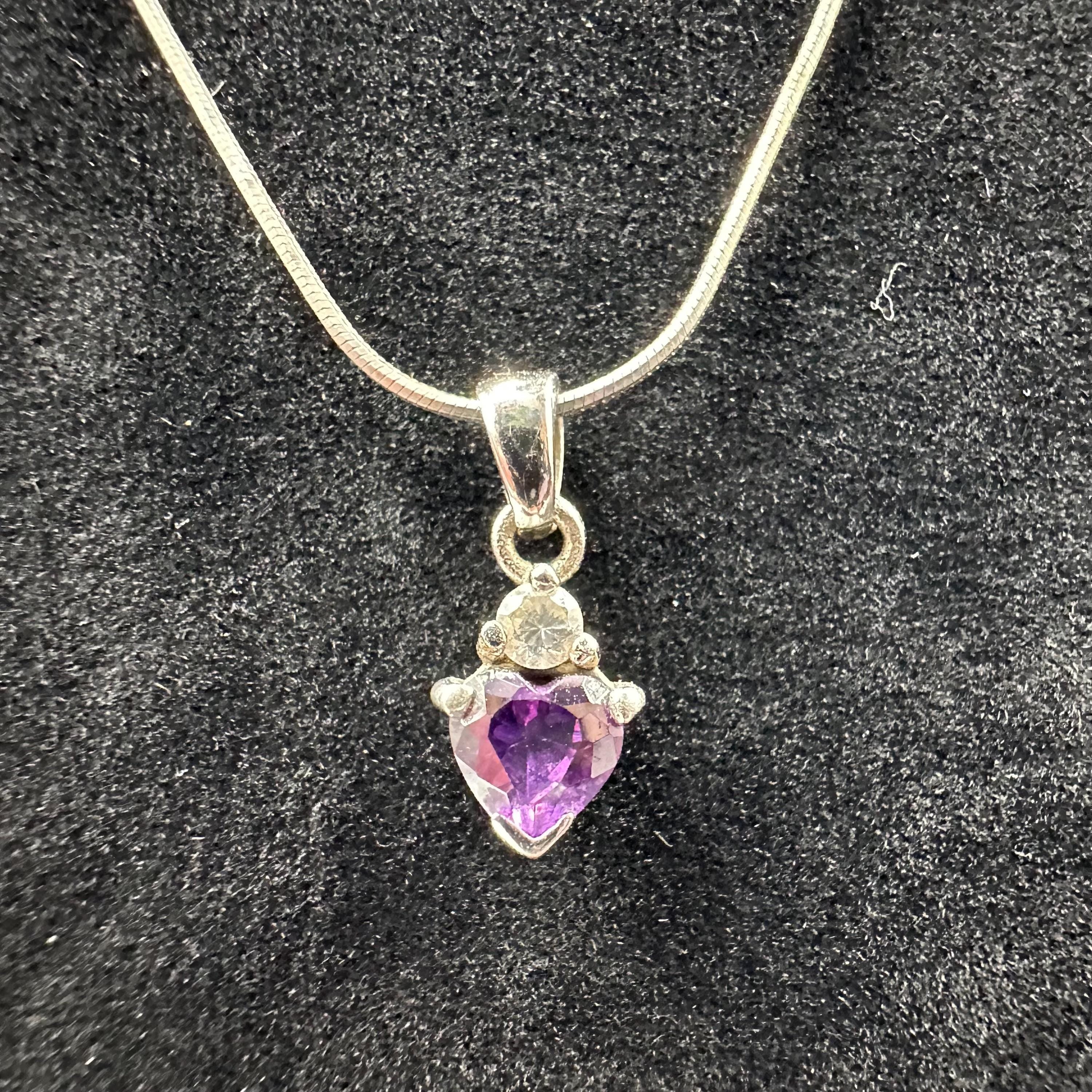 Sterling Silver Purple Gem Heart Pendant with White Gem Accent 16.5 Inch Length
