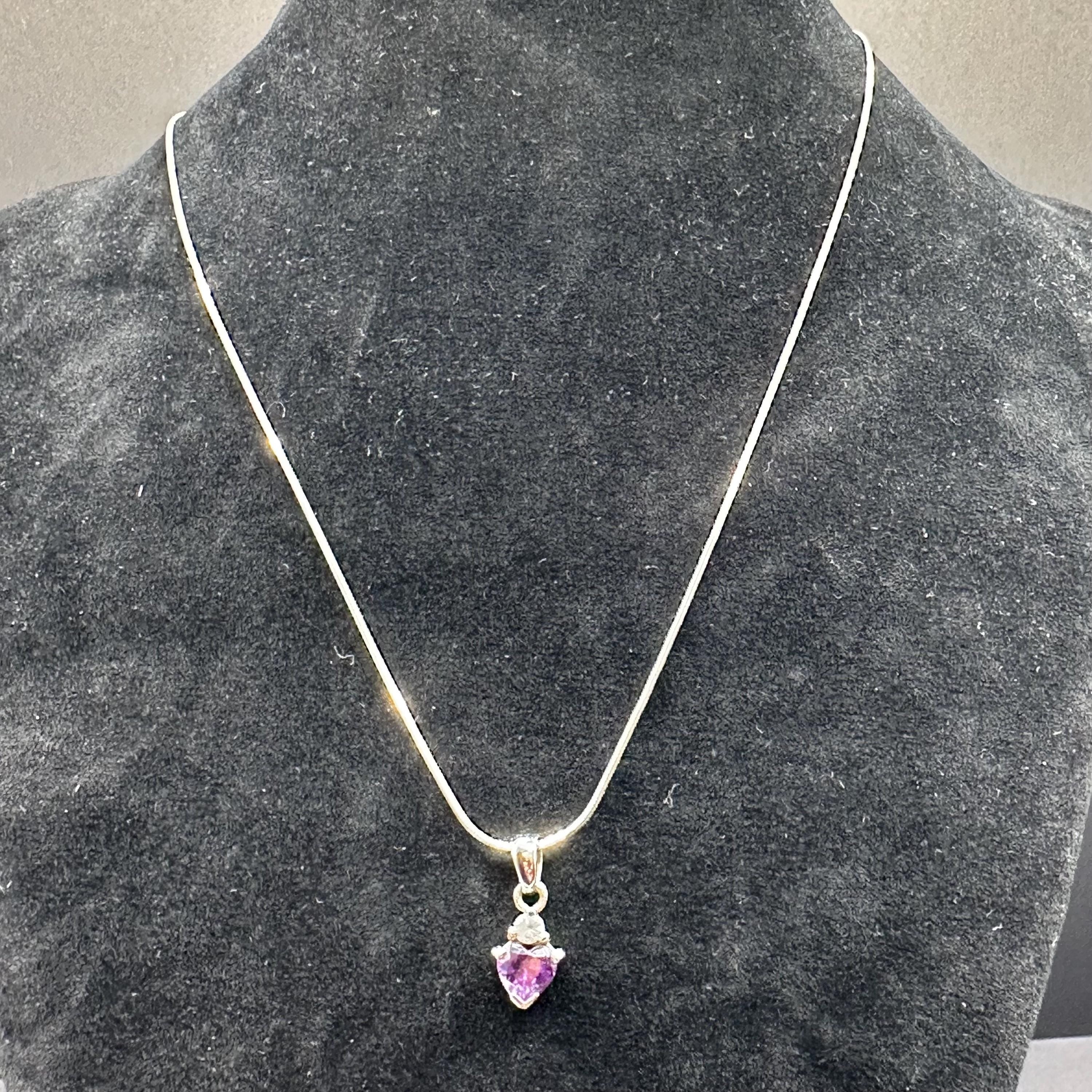 Sterling Silver Purple Gem Heart Pendant with White Gem Accent 16.5 Inch Length