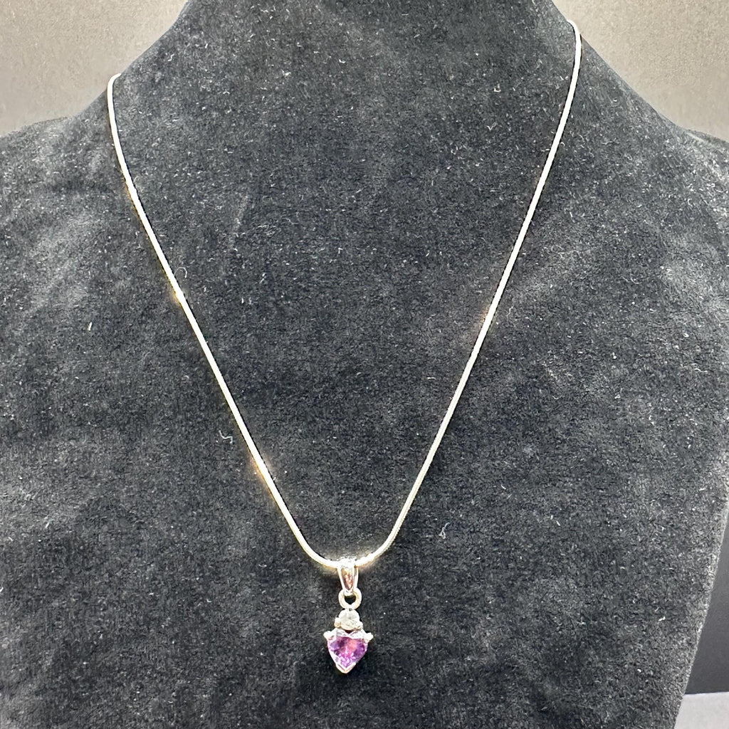 Sterling Silver Purple Gem Heart Pendant with White Gem Accent 16.5 Inch Length