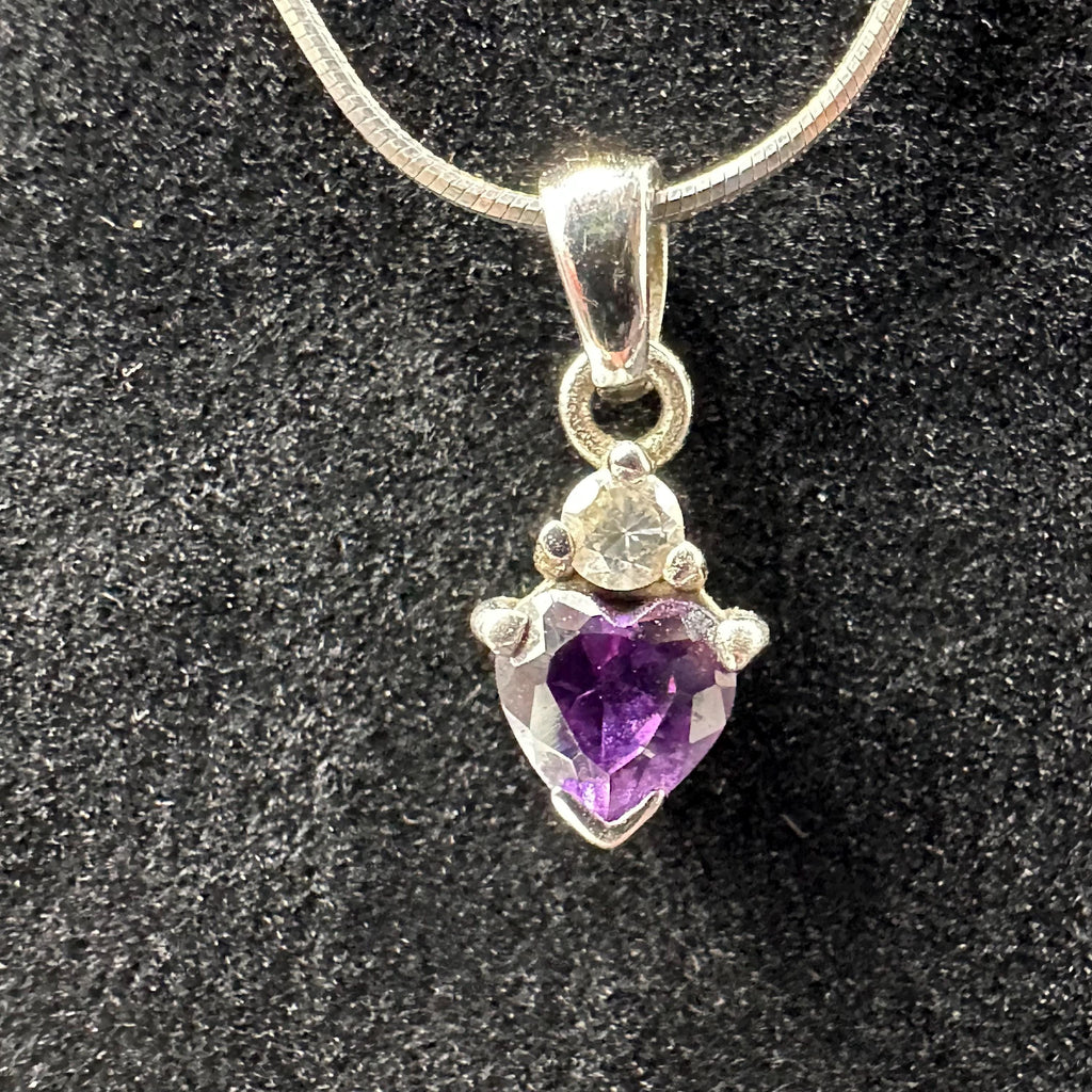 Sterling Silver Purple Gem Heart Pendant with White Gem Accent 16.5 Inch Length
