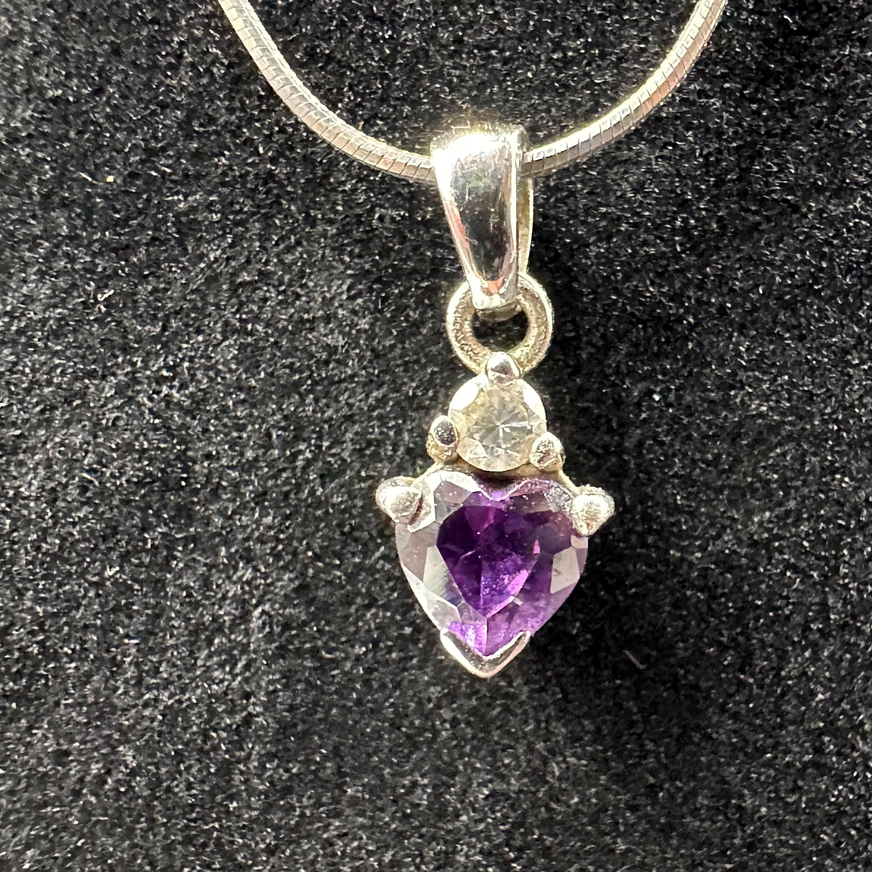 Sterling Silver Purple Gem Heart Pendant with White Gem Accent 16.5 Inch Length