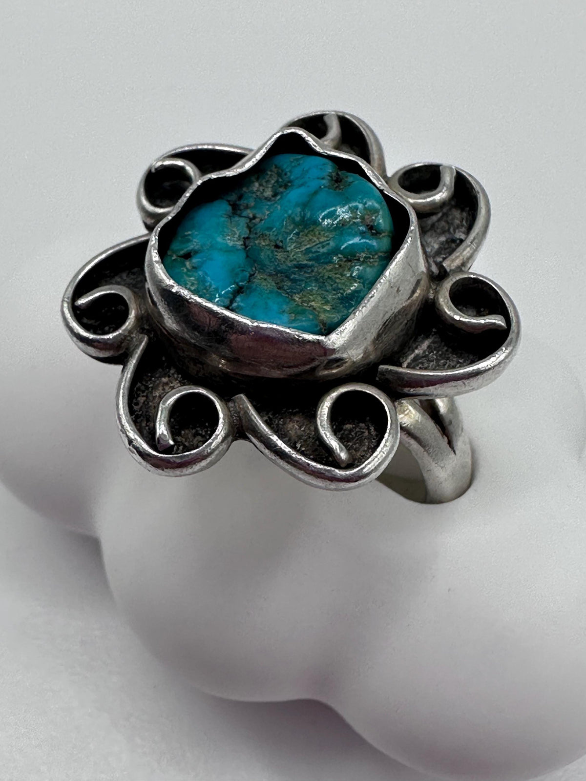 Sterling silver turquoise handmade scroll Southwest style ring size 6