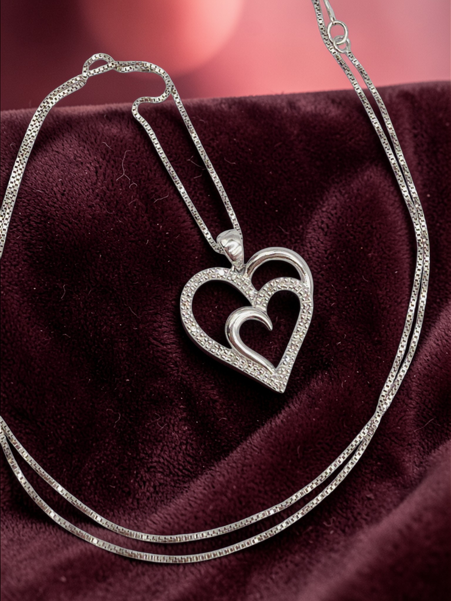 Sun Jewelry sterling silver double heart diamond pendant necklace on box chain