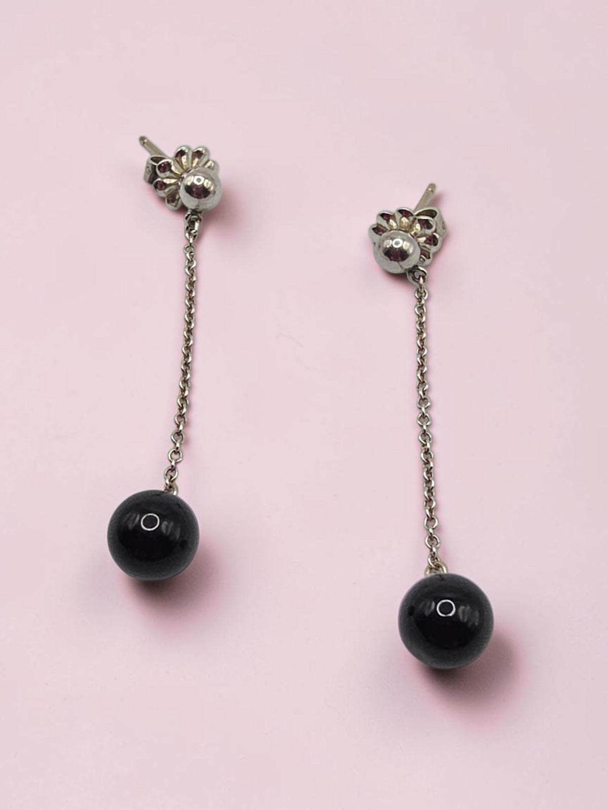 Tiffany and Co 925 Sterling Silver Dangle Stud Earrings with Polished Ball Tops and Black Onyx Bead Drops on Fine Cable Chain