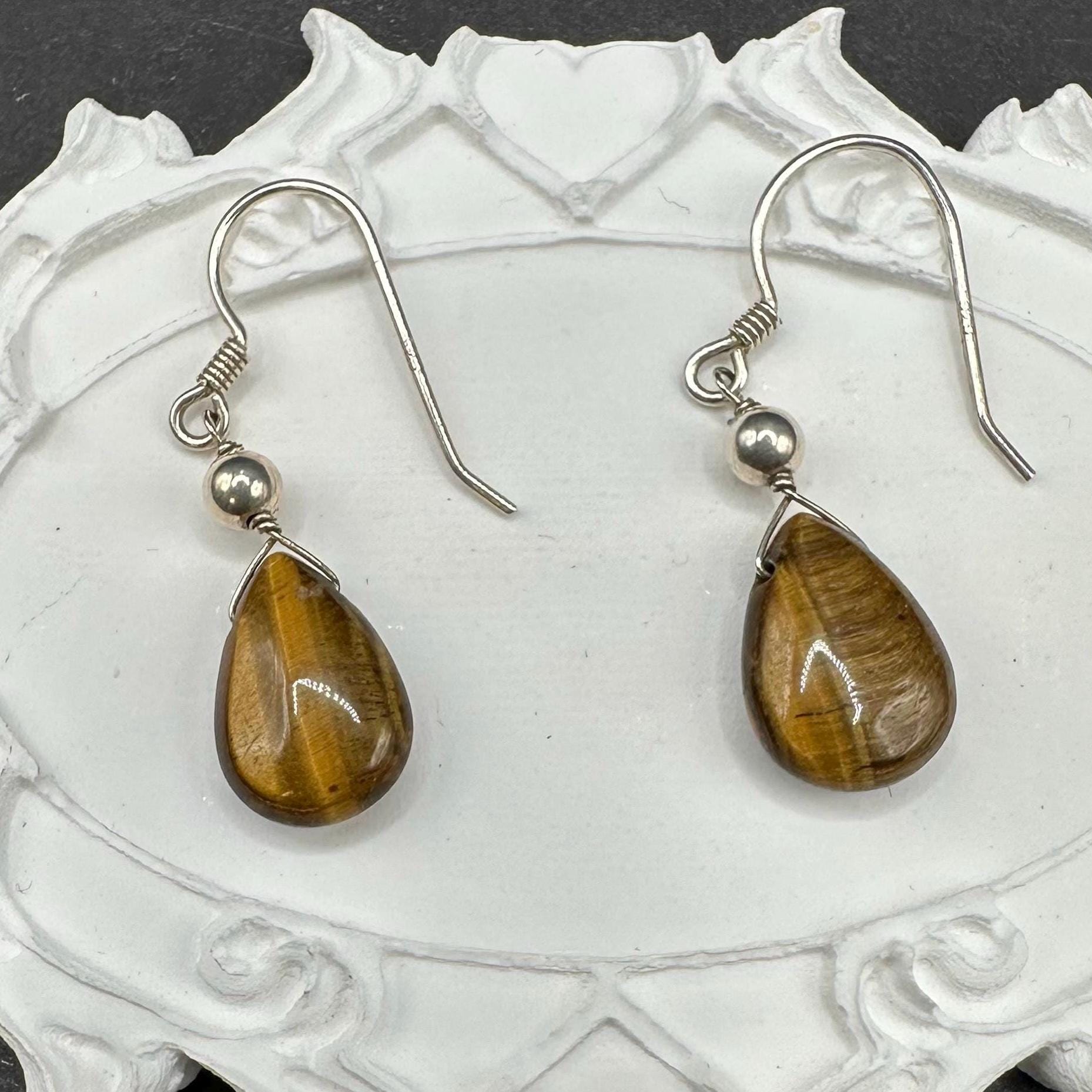 Tiger’s Eye Drop Dangle Earrings Sterling Silver