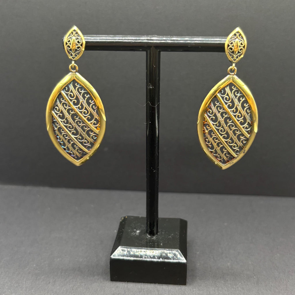 Veronese Italy 925 Sterling Silver Gold Vermeil Marquise Filigree Drop Dangle Earrings with Natural Rainbow Patina