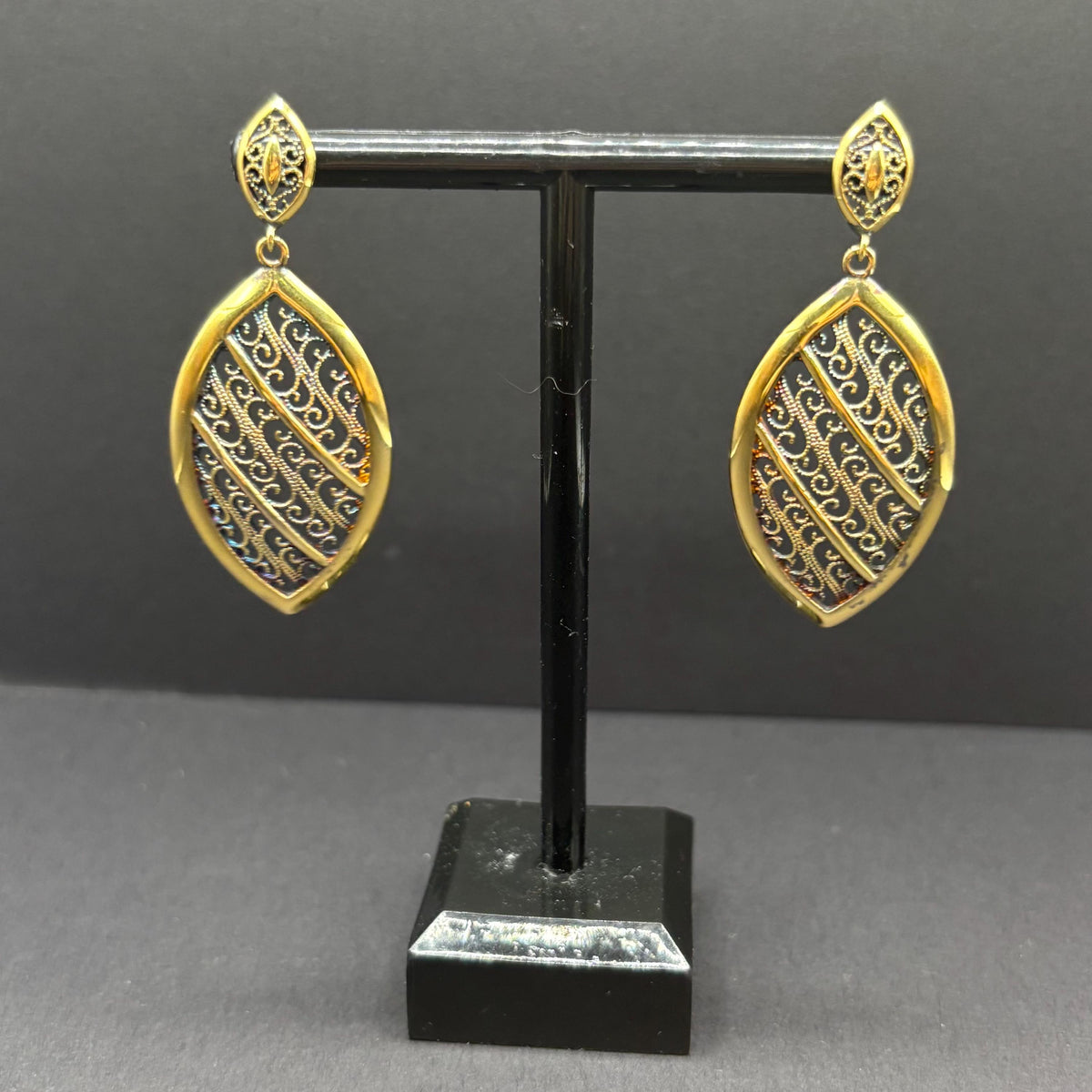 Veronese Italy 925 Sterling Silver Gold Vermeil Marquise Filigree Drop Dangle Earrings with Natural Rainbow Patina