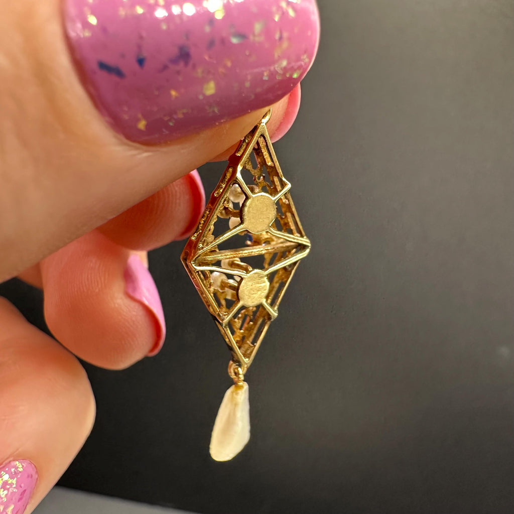Vintage 14K Gold Edwardian Pearl and Sapphire Victorian Style Lavalier Pendant