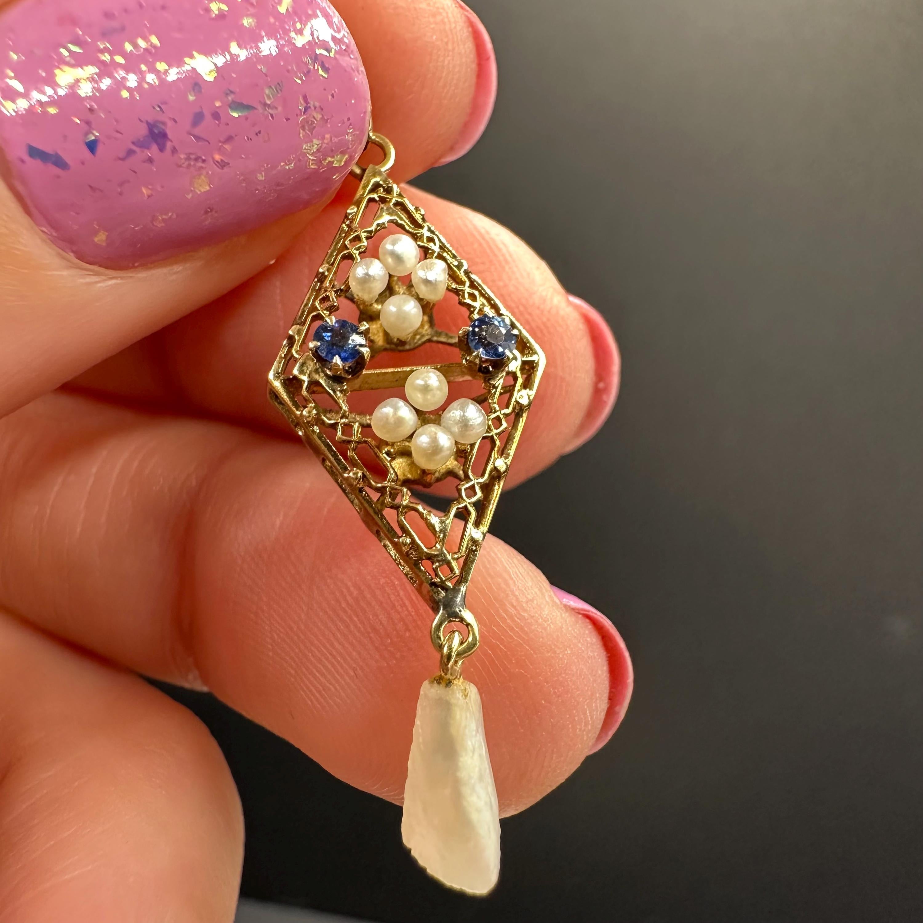 Vintage 14K Gold Edwardian Pearl and Sapphire Victorian Style Lavalier Pendant