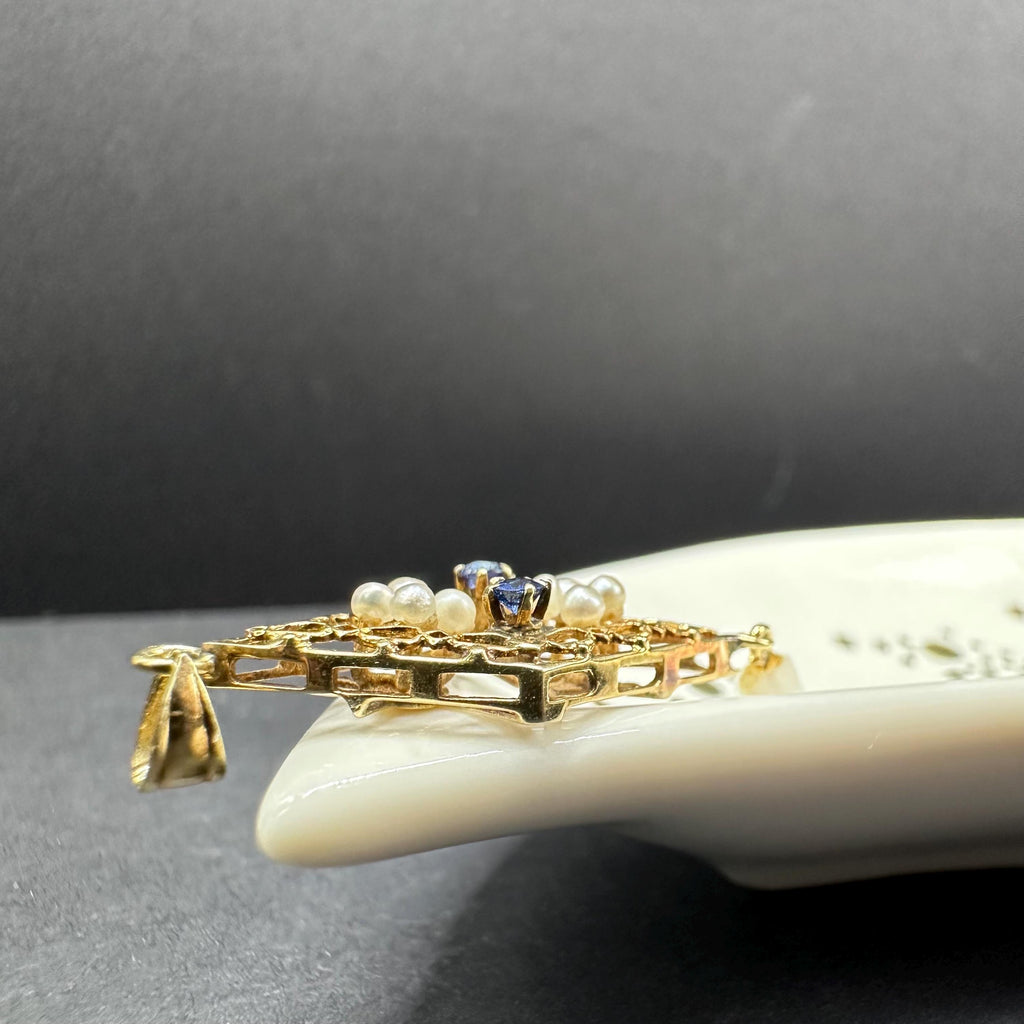 Vintage 14K Gold Edwardian Pearl and Sapphire Victorian Style Lavalier Pendant