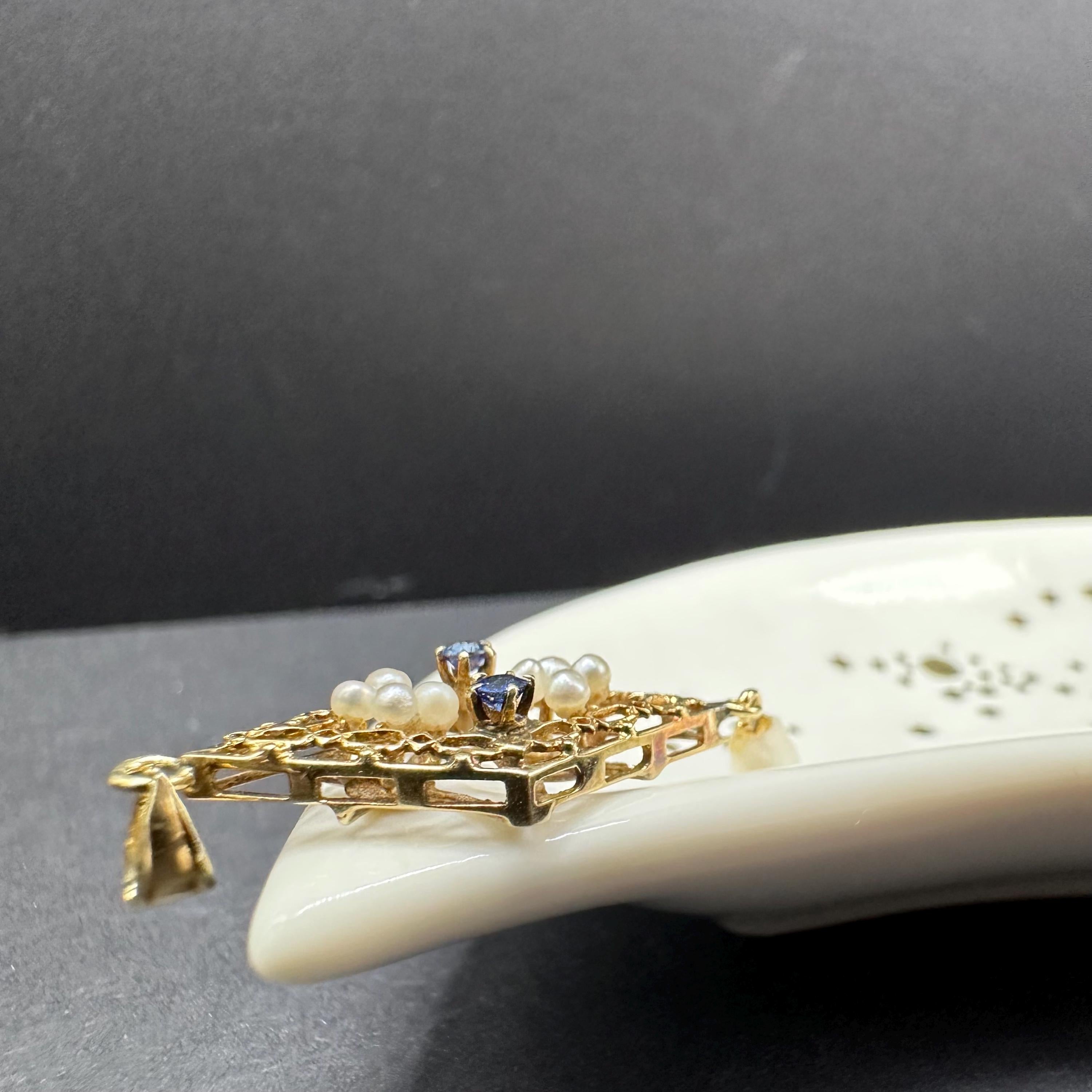 Vintage 14K Gold Edwardian Pearl and Sapphire Victorian Style Lavalier Pendant