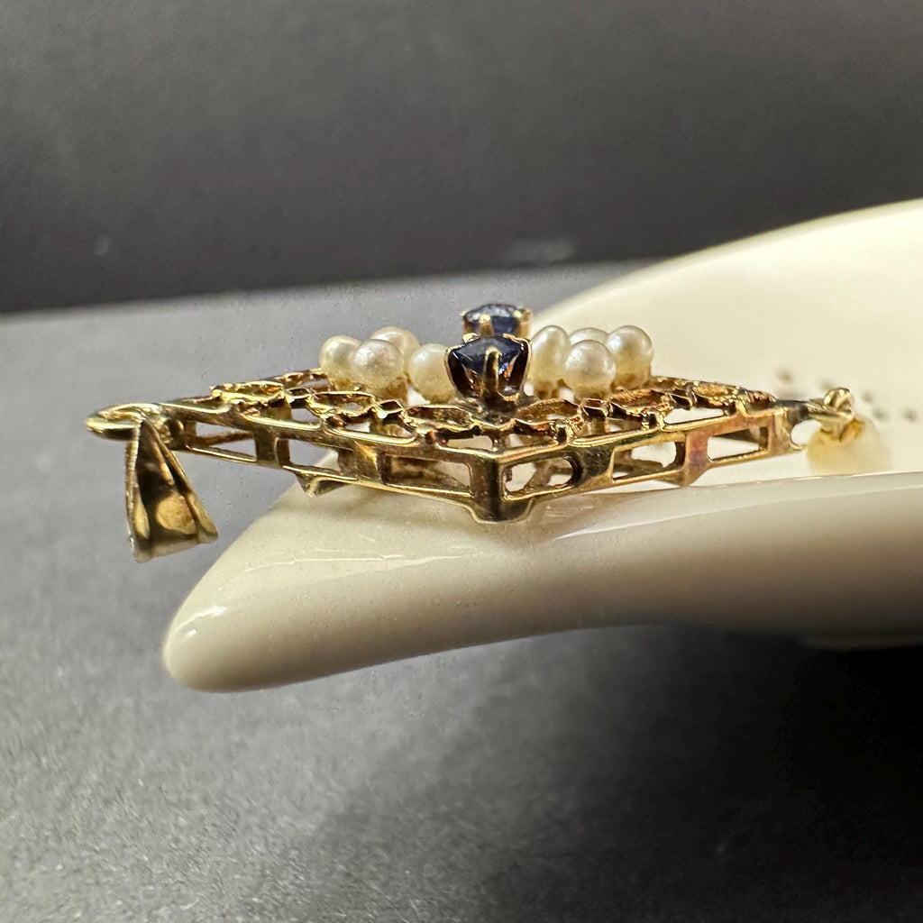 Vintage 14K Gold Edwardian Pearl and Sapphire Victorian Style Lavalier Pendant
