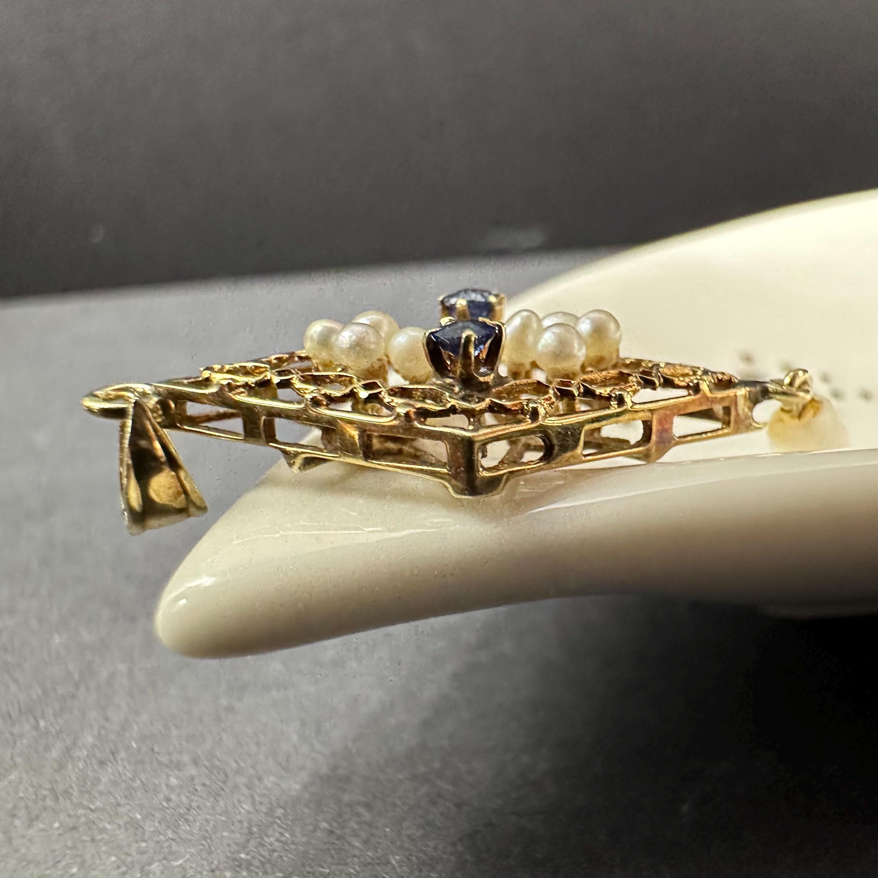Vintage 14K Gold Edwardian Pearl and Sapphire Victorian Style Lavalier Pendant