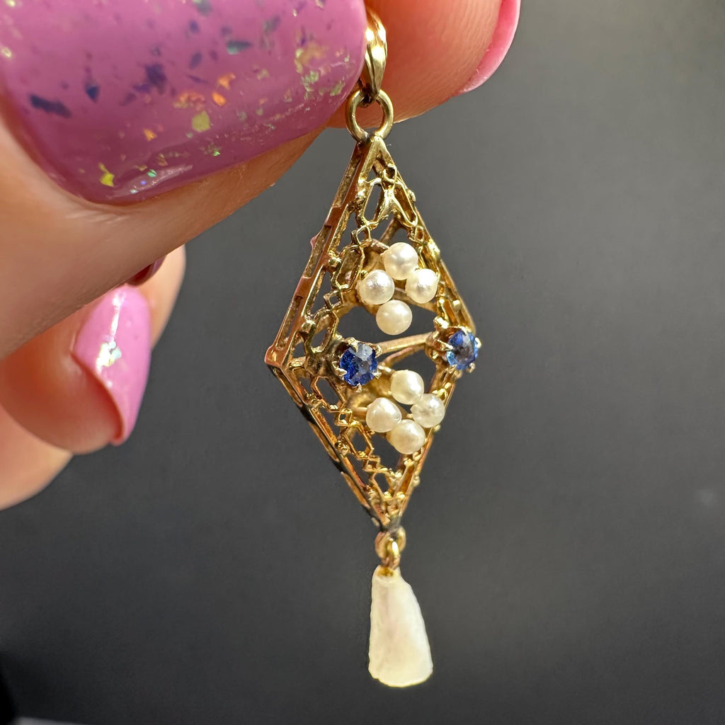 Vintage 14K Gold Edwardian Pearl and Sapphire Victorian Style Lavalier Pendant