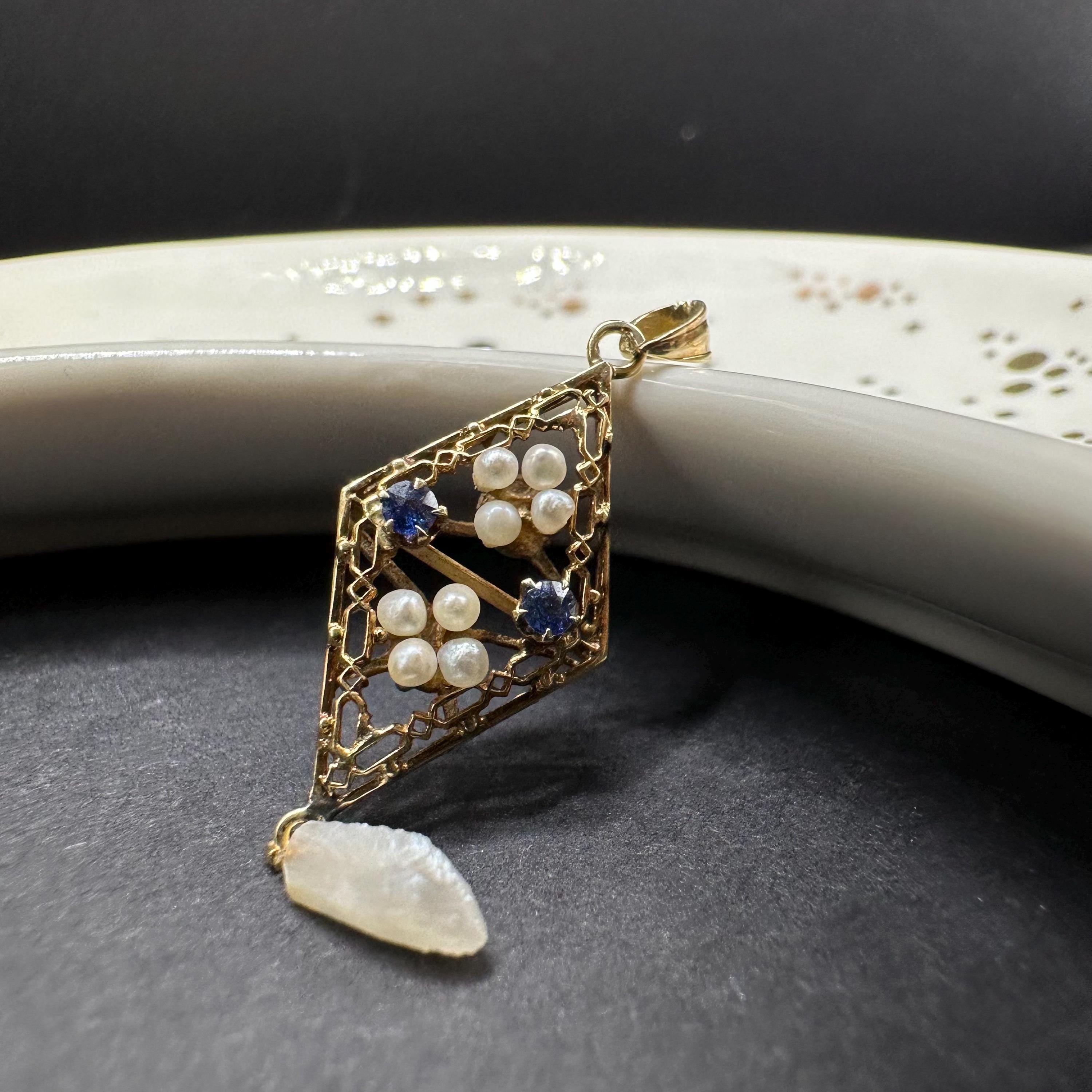 Vintage 14K Gold Edwardian Pearl and Sapphire Victorian Style Lavalier Pendant