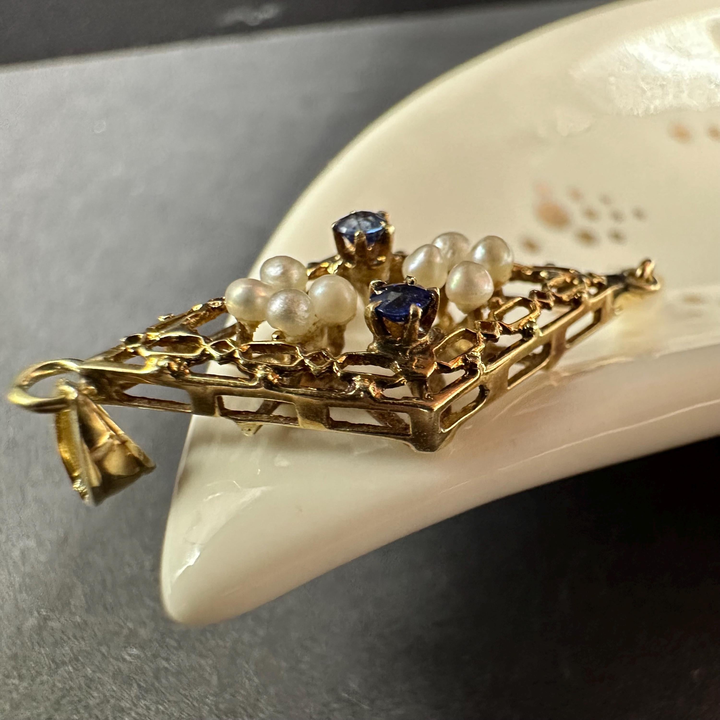 Vintage 14K Gold Edwardian Pearl and Sapphire Victorian Style Lavalier Pendant
