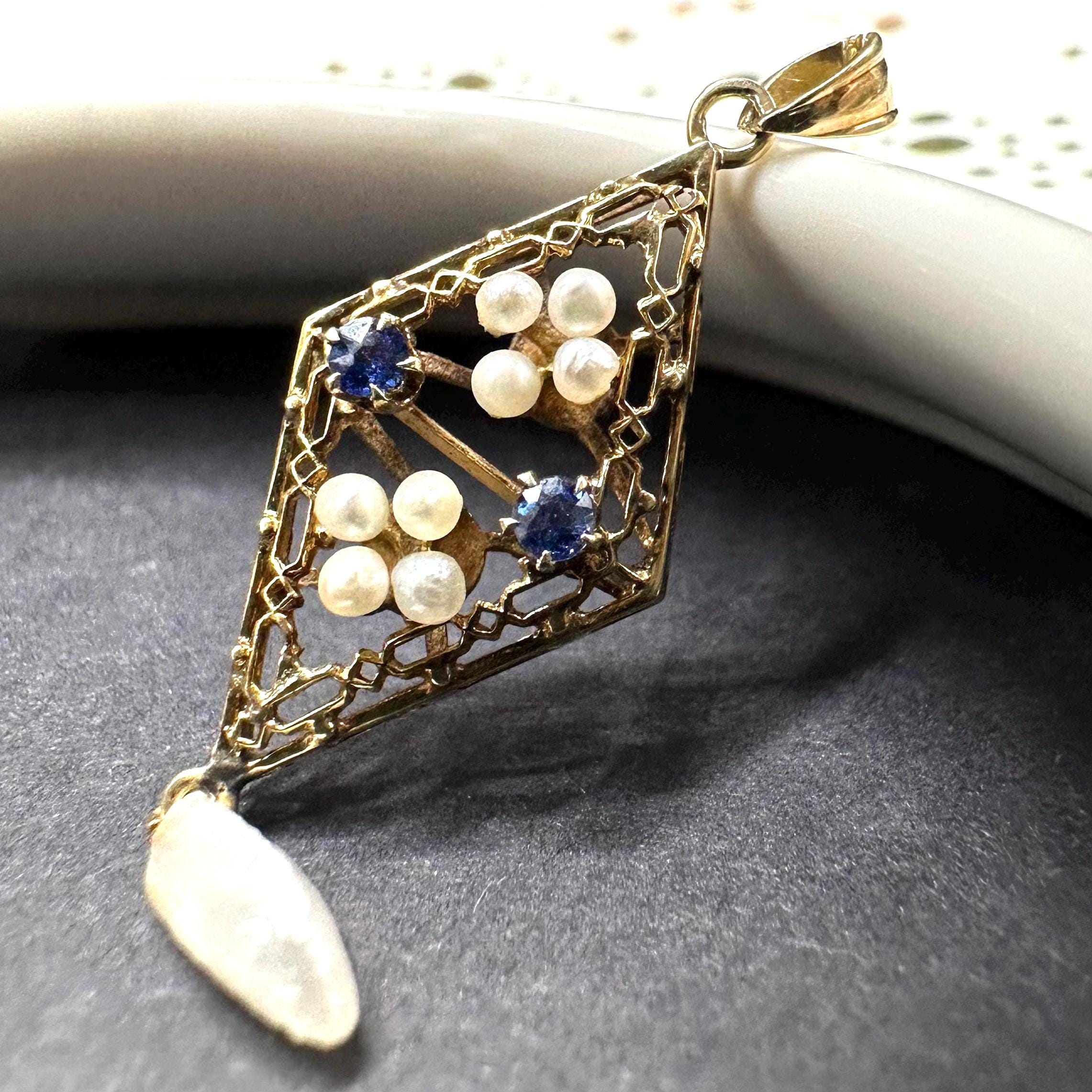 Vintage 14K Gold Edwardian Pearl and Sapphire Victorian Style Lavalier Pendant