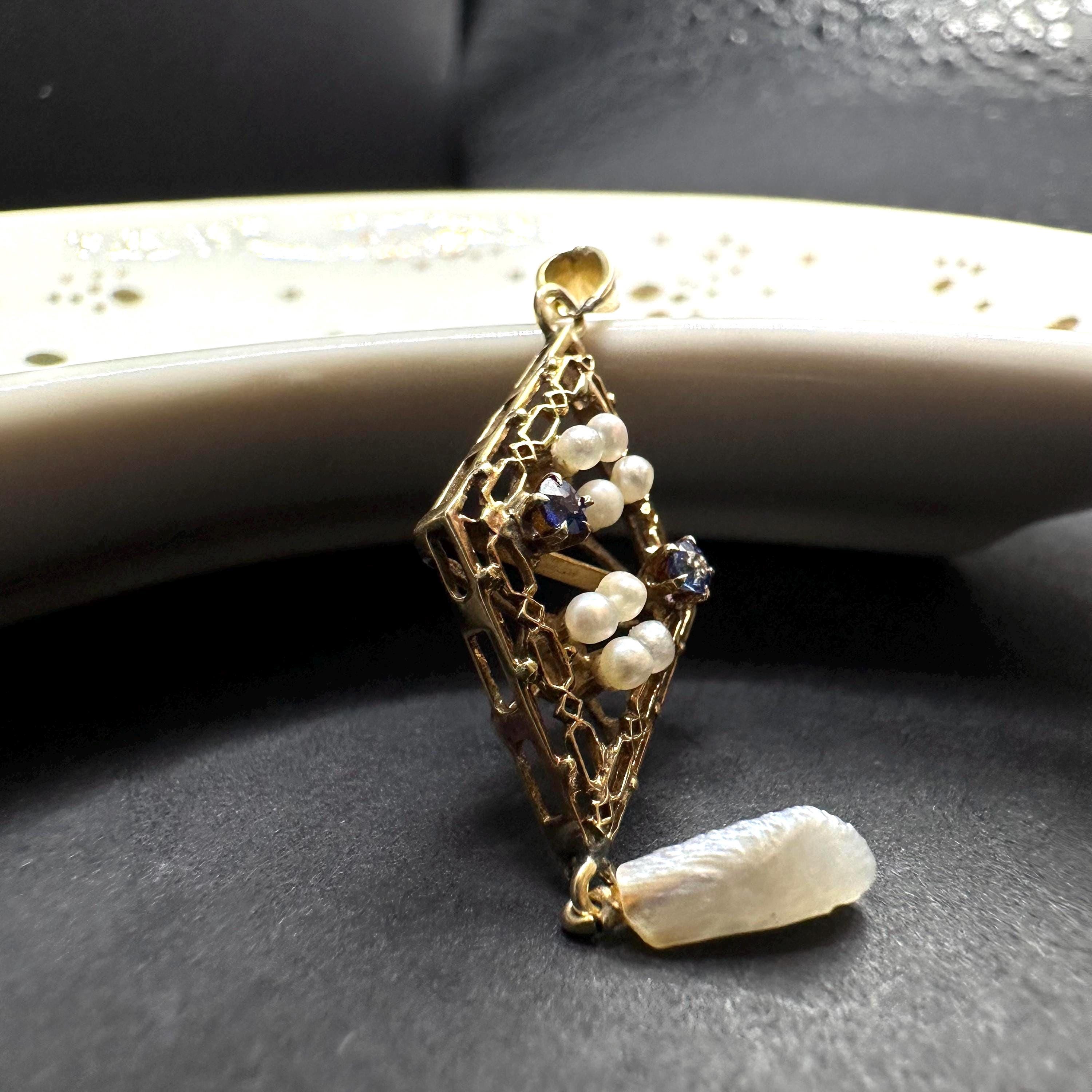 Vintage 14K Gold Edwardian Pearl and Sapphire Victorian Style Lavalier Pendant