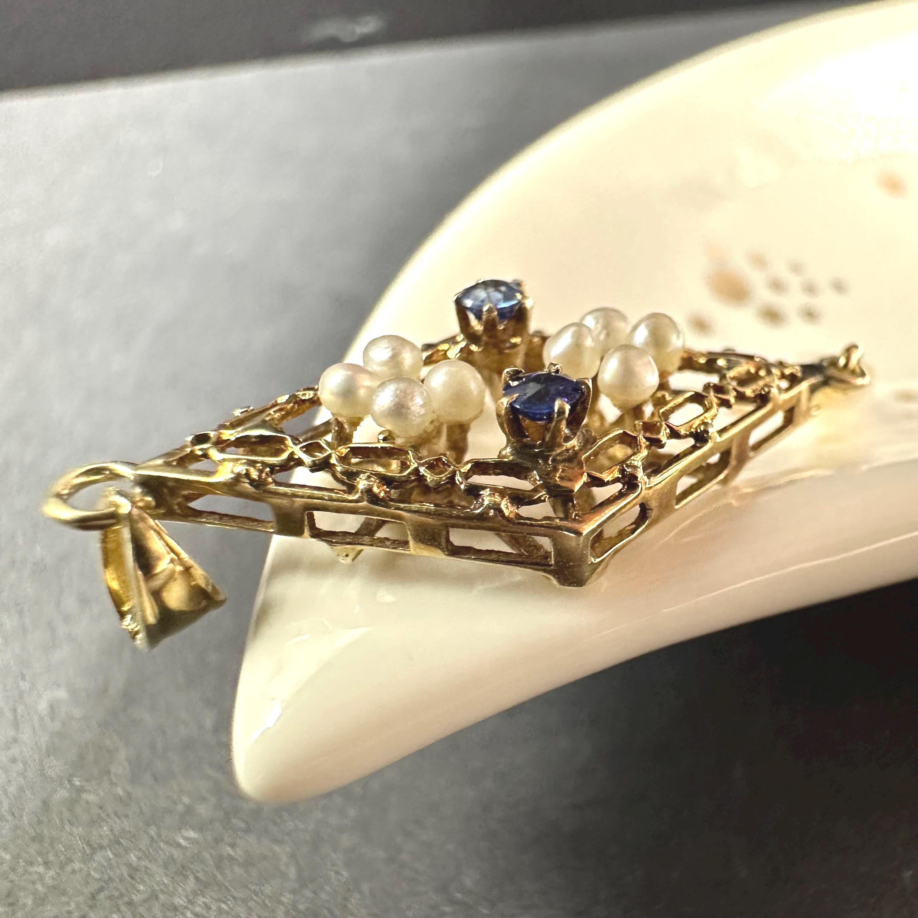 Vintage 14K Gold Edwardian Pearl and Sapphire Victorian Style Lavalier Pendant